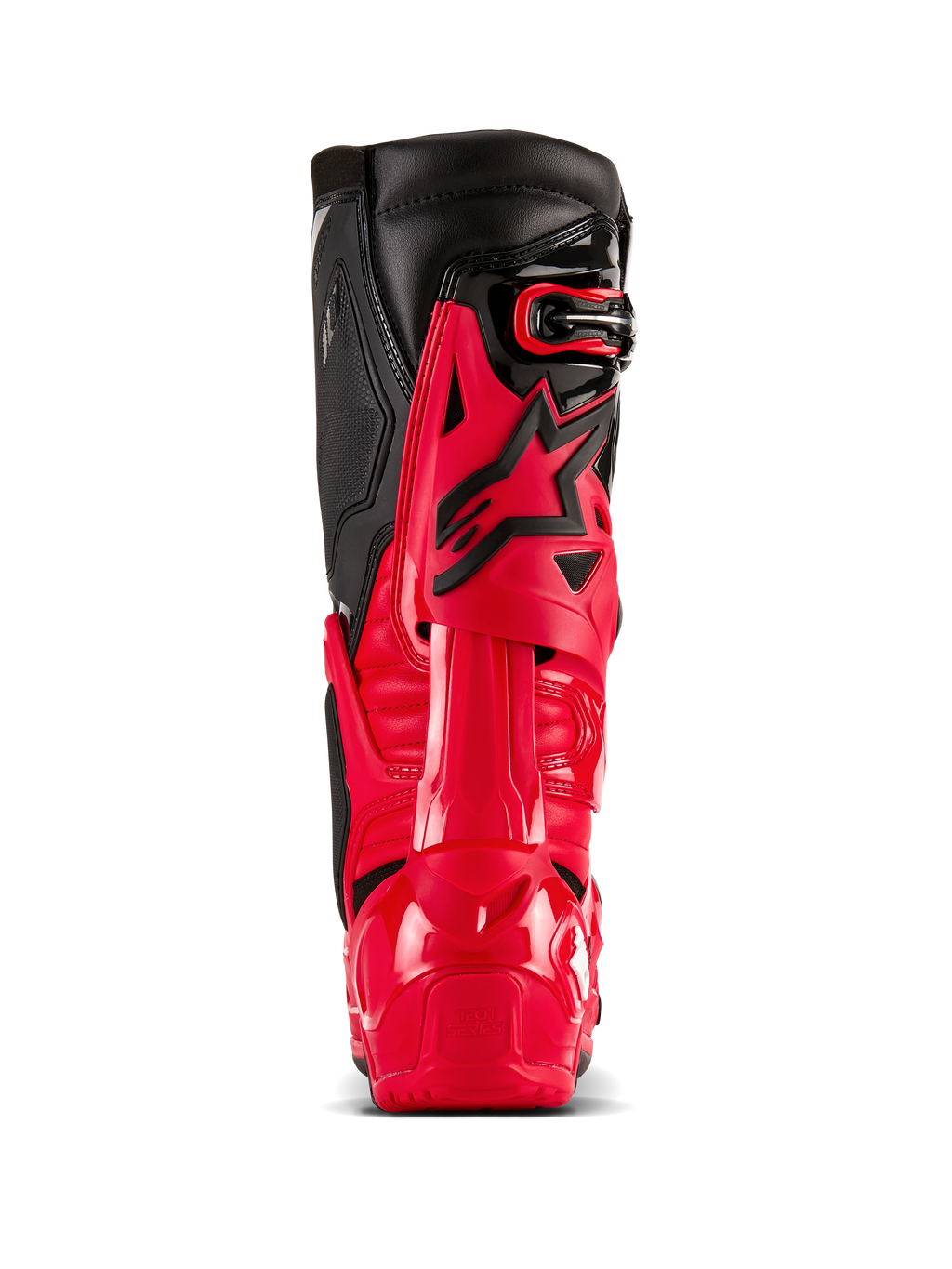 Botas Alpinestars Tech 10 Enduro, vermelho vivo e preto, vista traseira que destaca o Protetor de Compressão Dinâmica do Calcanhar e a estrutura de flexão, equipamento profissional de motocross todo-o-terreno com estrutura em TPU durável e painéis superiores em pele preta