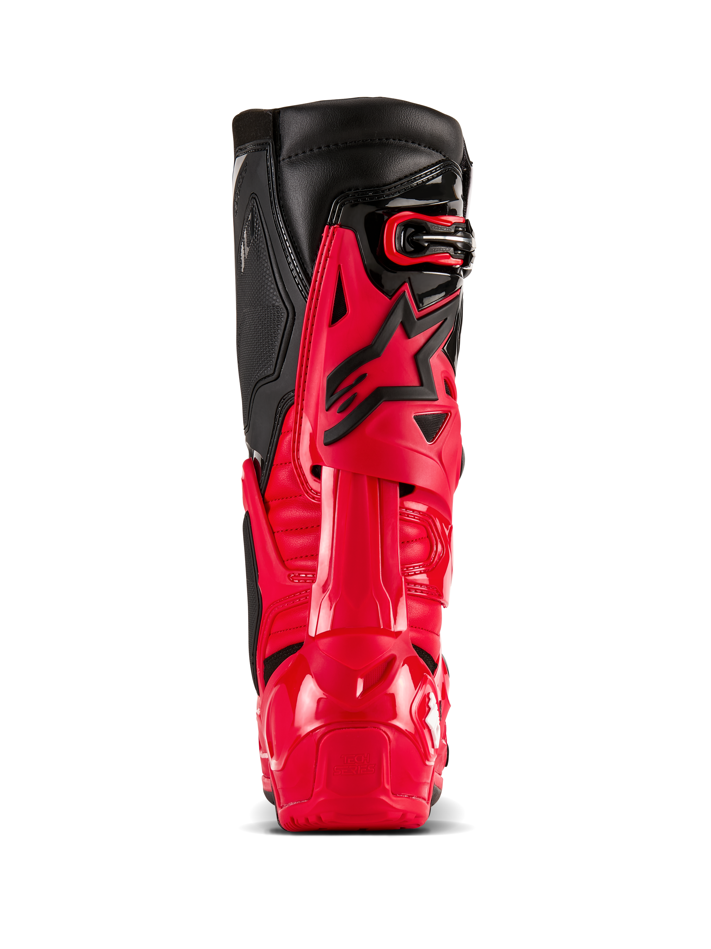 Botas Alpinestars Tech 10 Enduro, vermelho vivo e preto, vista traseira que destaca o Protetor de Compressão Dinâmica do Calcanhar e a estrutura de flexão, equipamento profissional de motocross todo-o-terreno com estrutura em TPU durável e painéis superiores em pele preta