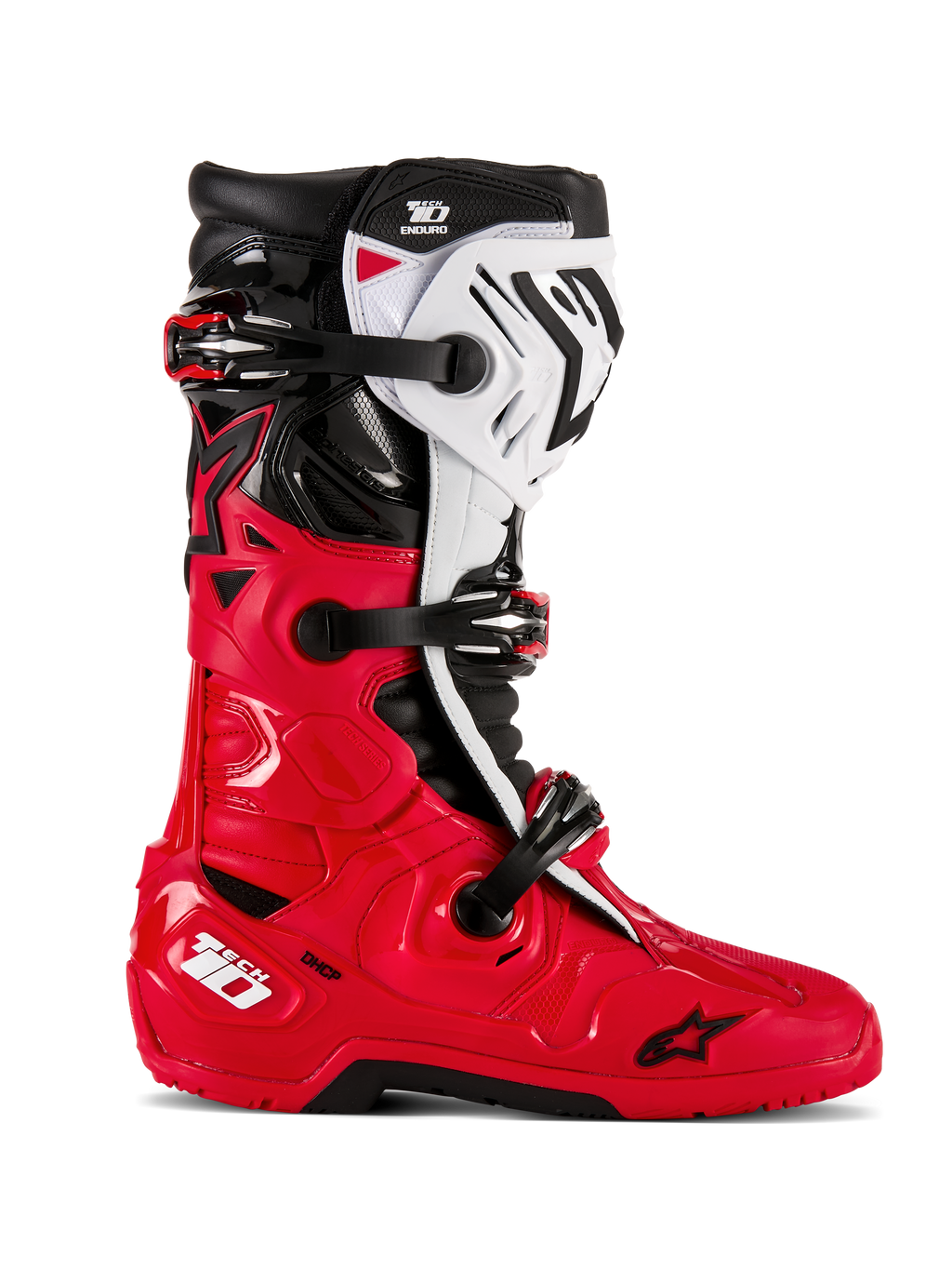 Botas Alpinestars Tech 10 Enduro, botas de motocross todo-o-terreno, vermelho vivo, preto e branco, vista de perfil lateral, sistema de fecho triplo de fivelas, painéis protetores robustos, sola especializada para enduro, logótipo Astars
