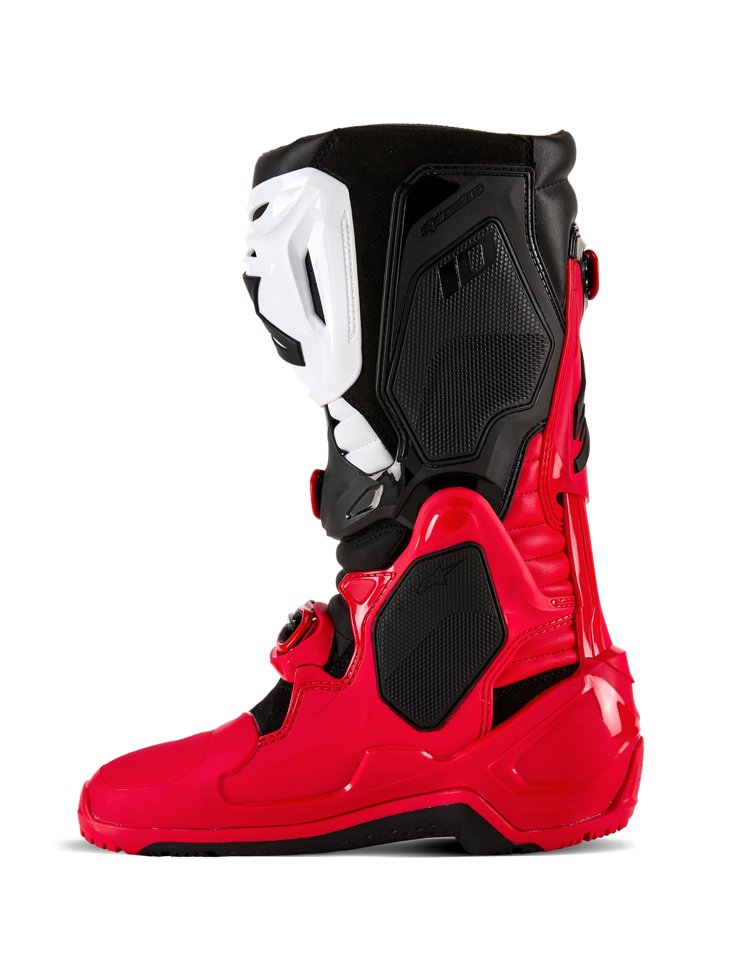 Botas Alpinestars Tech 10 Enduro, botas de motocross e enduro, vermelho brilhante, preto e branco, vista de perfil lateral com uma estrutura em TPU durável, placa de canela branca e painéis superiores pretos, concebidas para desempenho off-road