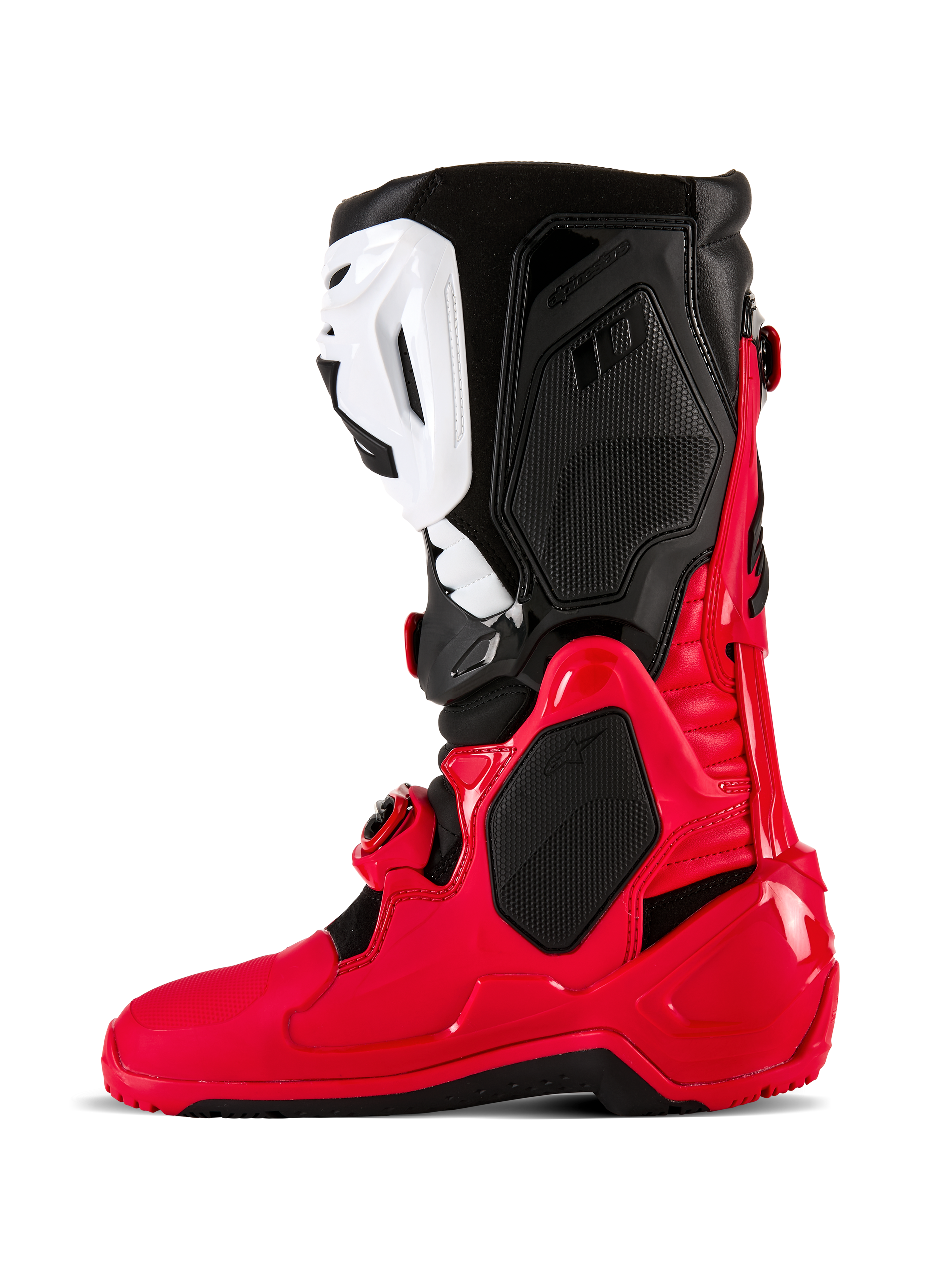 Botas Alpinestars Tech 10 Enduro, botas de motocross e enduro, vermelho brilhante, preto e branco, vista de perfil lateral com uma estrutura em TPU durável, placa de canela branca e painéis superiores pretos, concebidas para desempenho off-road