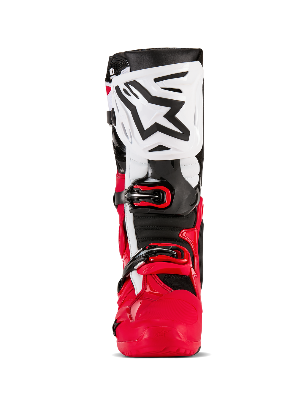 Botas Alpinestars Tech 10 Enduro, botas de motocross e enduro, vermelho vivo, preto e branco, vista frontal com placa da canela branca e logótipo Alpinestars preto, estrutura inferior vermelha e sistema de fecho de fivelas seguro, equipamento de proteção de alta performance para condução todo-o-terreno