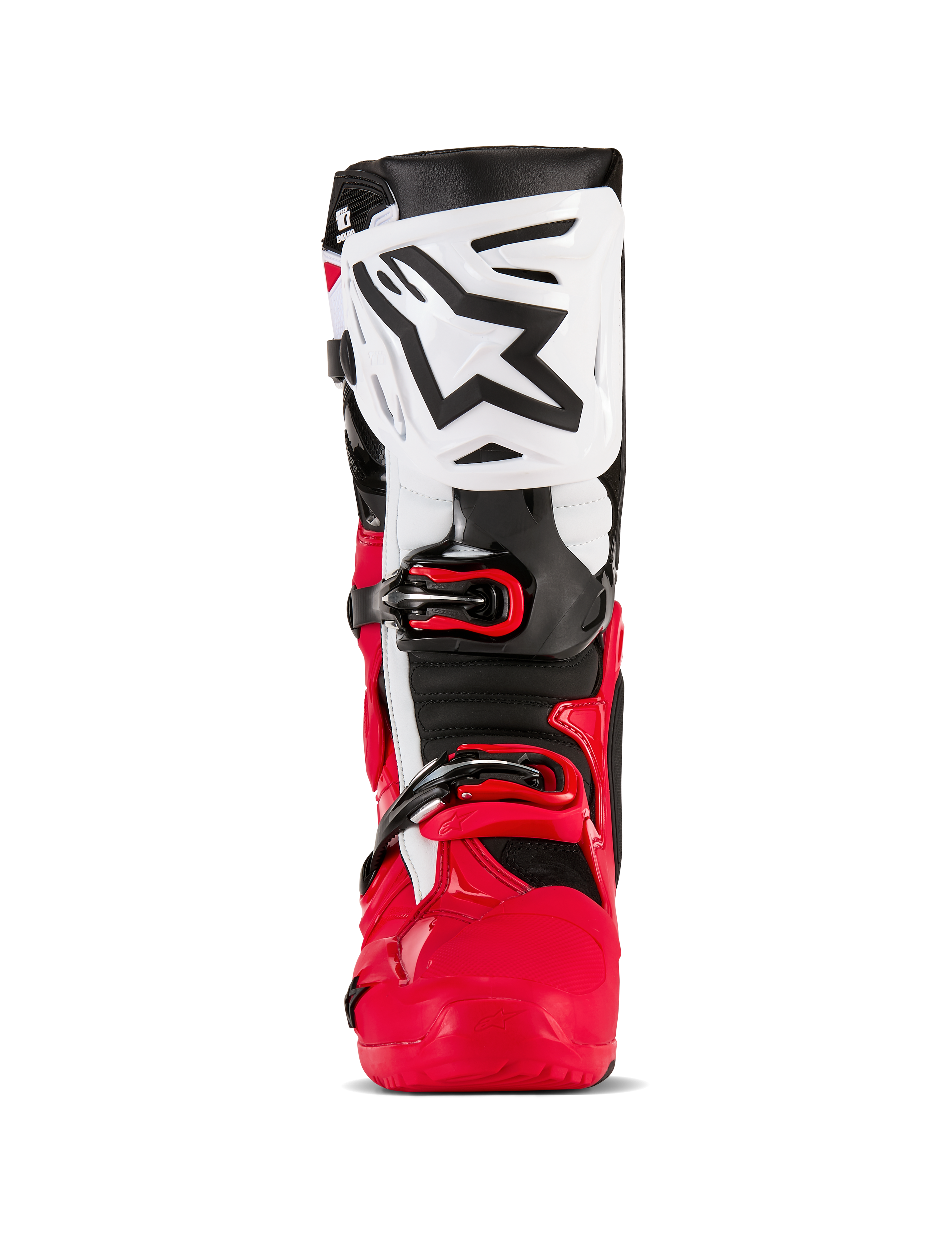 Botas Alpinestars Tech 10 Enduro, botas de motocross e enduro, vermelho vivo, preto e branco, vista frontal com placa da canela branca e logótipo Alpinestars preto, estrutura inferior vermelha e sistema de fecho de fivelas seguro, equipamento de proteção de alta performance para condução todo-o-terreno