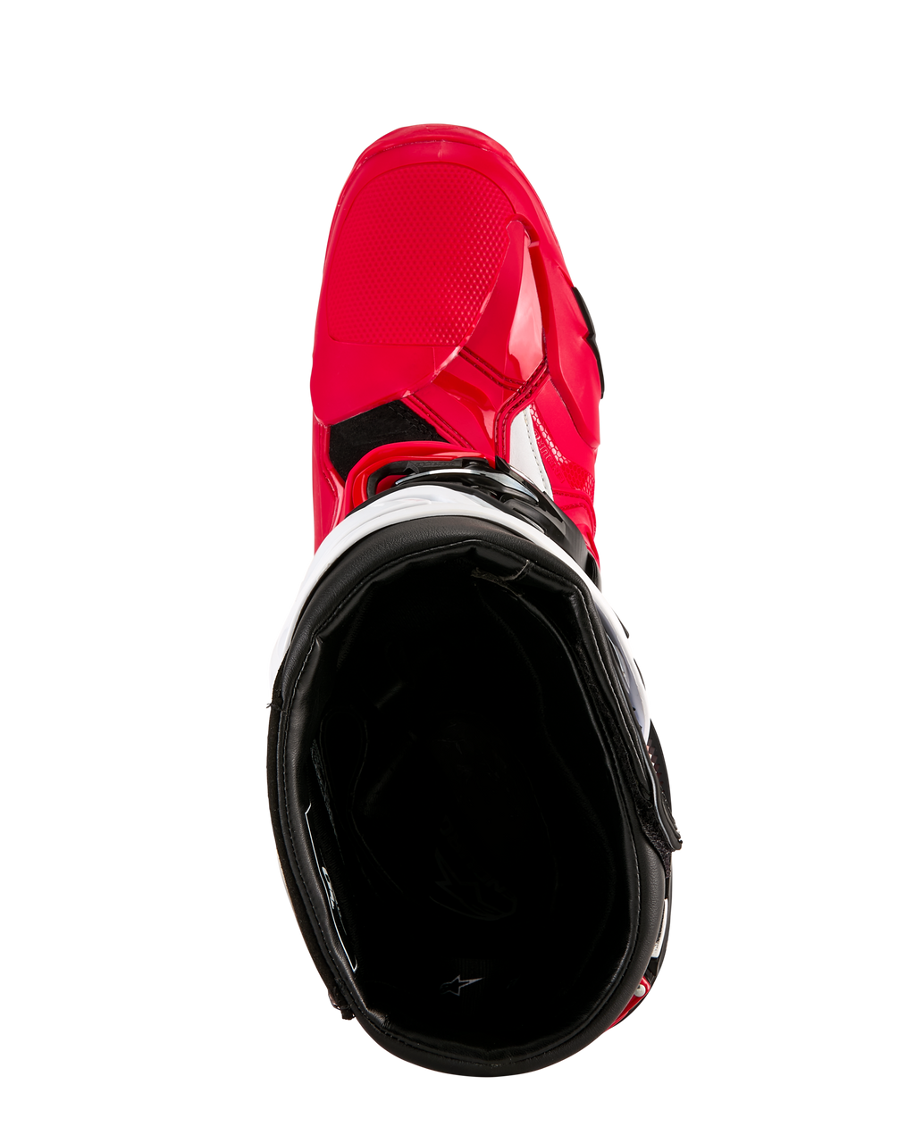Botas Alpinestars Tech 10 Enduro, botas de motocross, vermelho vivo, preto e branco, vista de cima para o forro interior preto, estrutura exterior em vermelho vivo com detalhes brancos, calçado de proteção para corridas todo-o-terreno