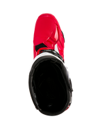 Botas Alpinestars Tech 10 Enduro, botas de motocross, vermelho vivo, preto e branco, vista de cima para o forro interior preto, estrutura exterior em vermelho vivo com detalhes brancos, calçado de proteção para corridas todo-o-terreno