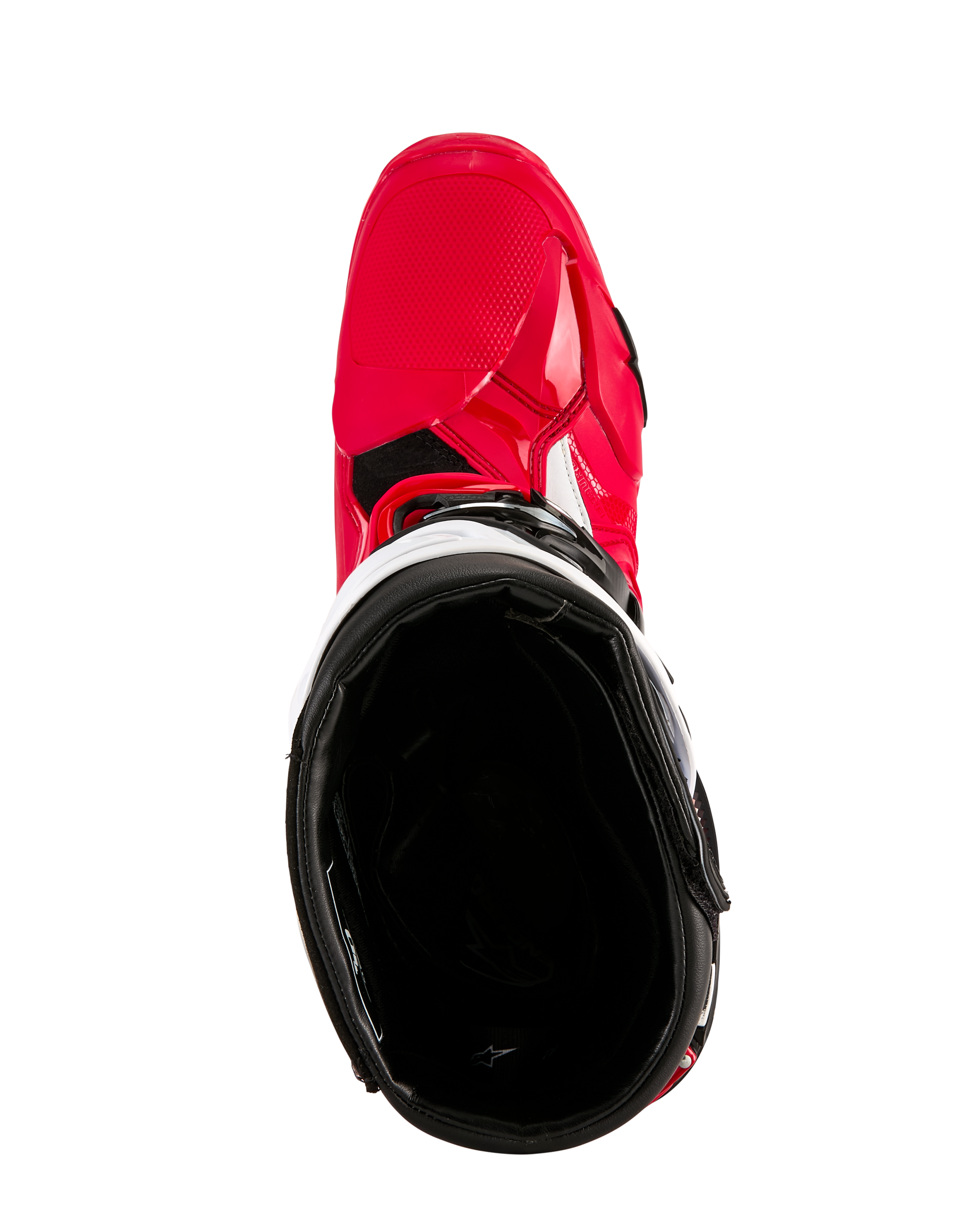Botas Alpinestars Tech 10 Enduro, botas de motocross, vermelho vivo, preto e branco, vista de cima para o forro interior preto, estrutura exterior em vermelho vivo com detalhes brancos, calçado de proteção para corridas todo-o-terreno
