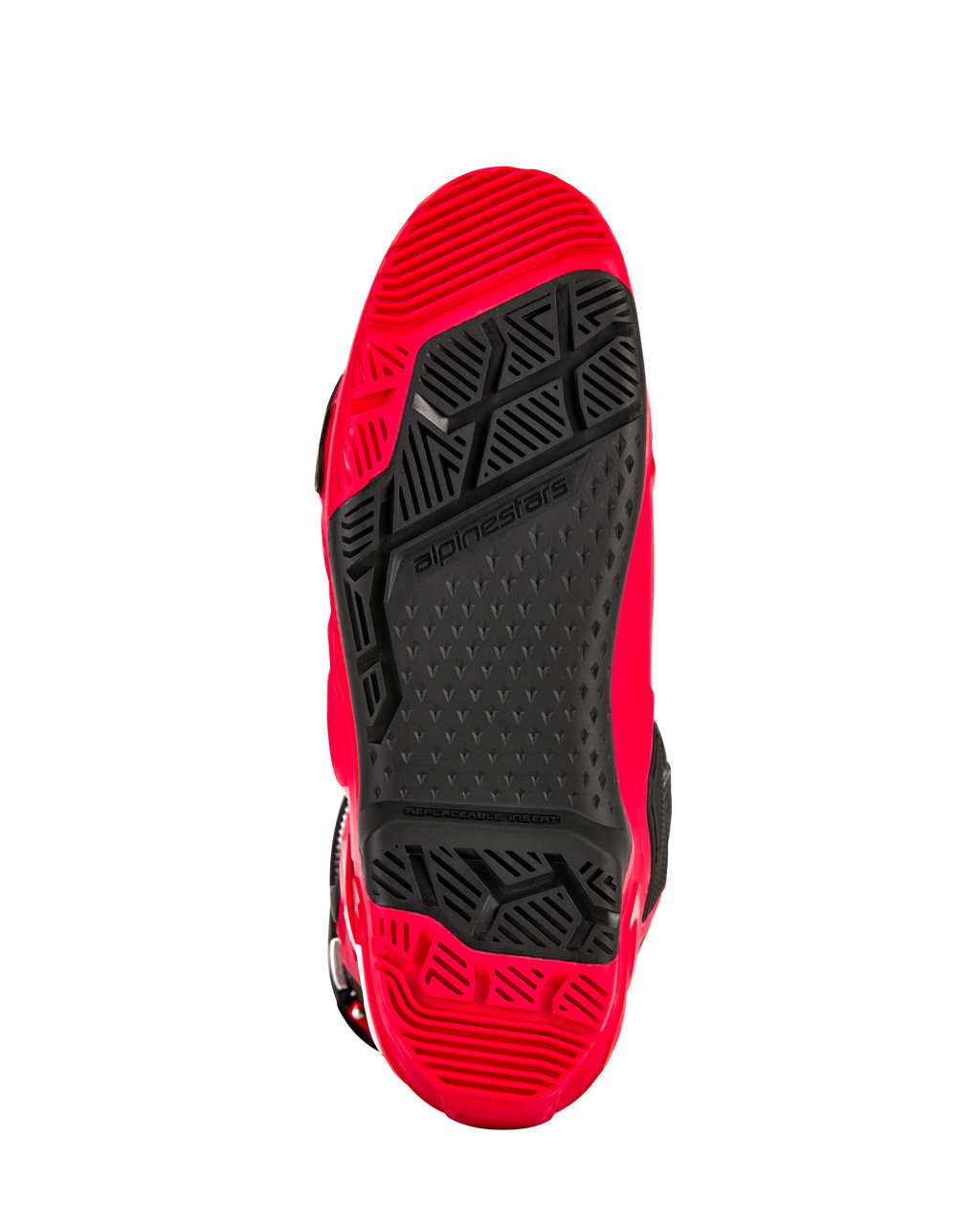 Botas Alpinestars Tech 10 Enduro, vermelho vibrante e preto, vista inferior da sola de composto duplo específica para enduro, com um padrão de rasto de alta aderência e um inserto central preto substituível.