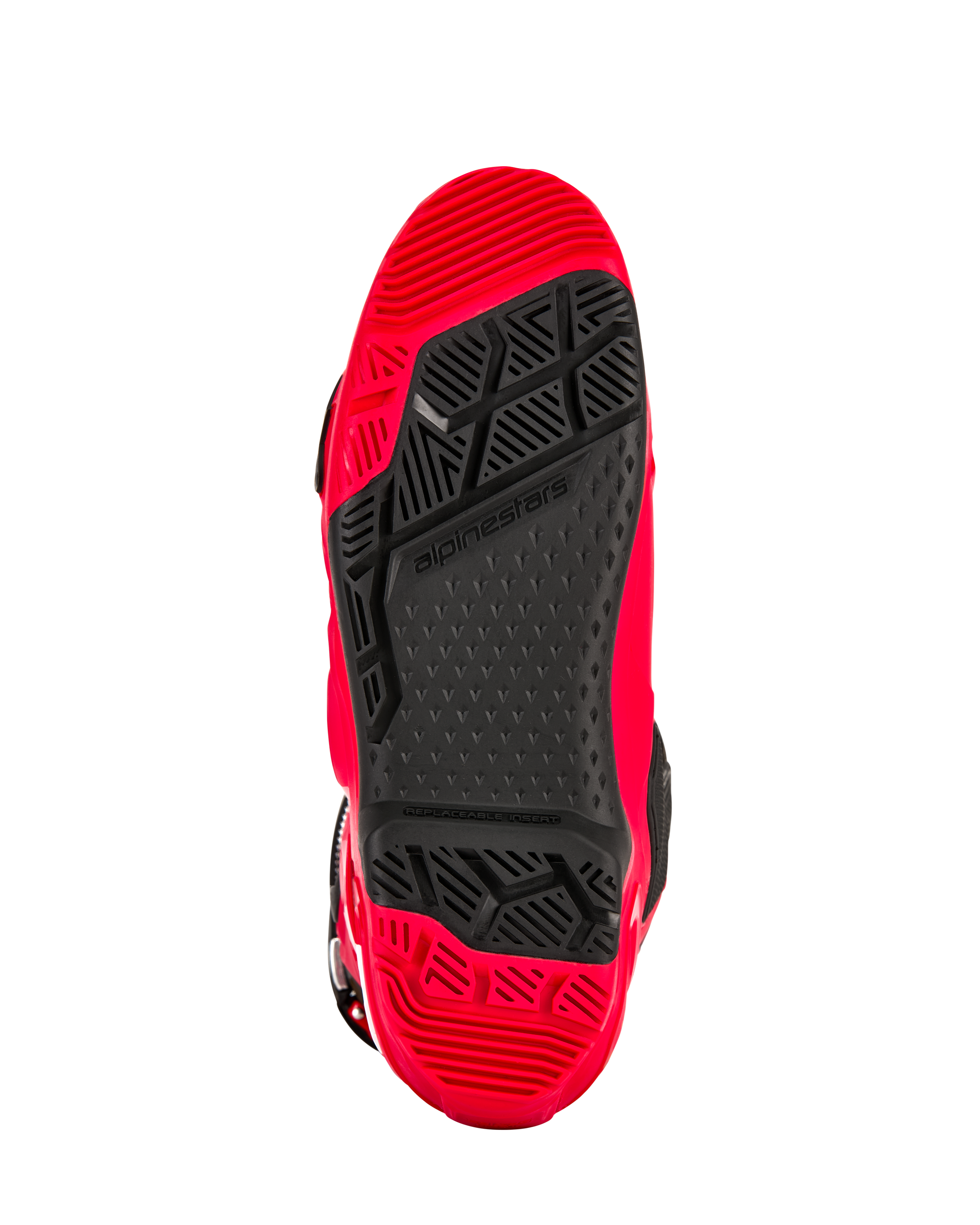 Botas Alpinestars Tech 10 Enduro, vermelho vibrante e preto, vista inferior da sola de composto duplo específica para enduro, com um padrão de rasto de alta aderência e um inserto central preto substituível.