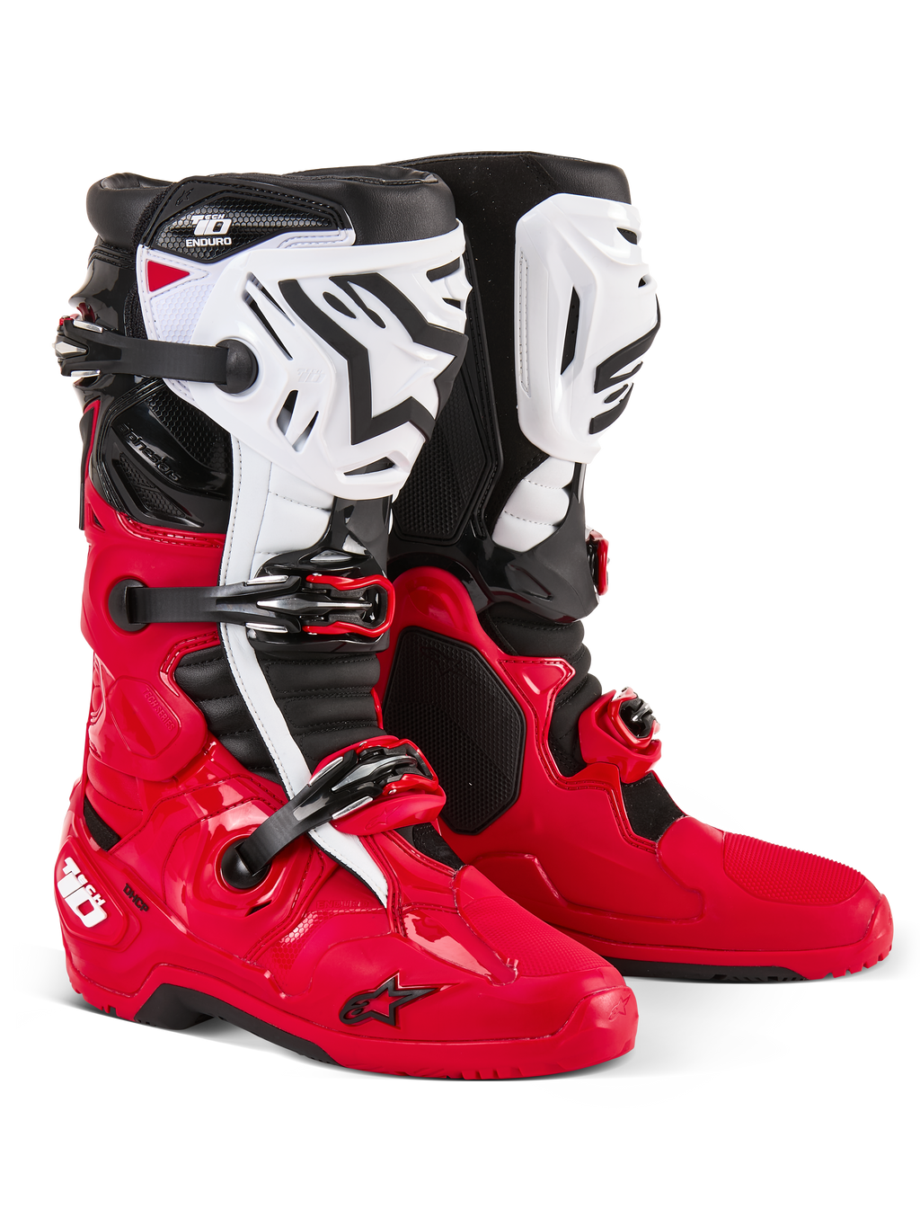 Botas Alpinestars Tech 10 Enduro, botas de motocross e enduro, vermelho, preto e branco, caneleiras brancas com logótipo Astars preto, fivelas e tiras pretas, design durável para competição todo-o-terreno