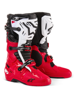 Botas Alpinestars Tech 10 Enduro, botas de motocross e enduro, vermelho, preto e branco, caneleiras brancas com logótipo Astars preto, fivelas e tiras pretas, design durável para competição todo-o-terreno