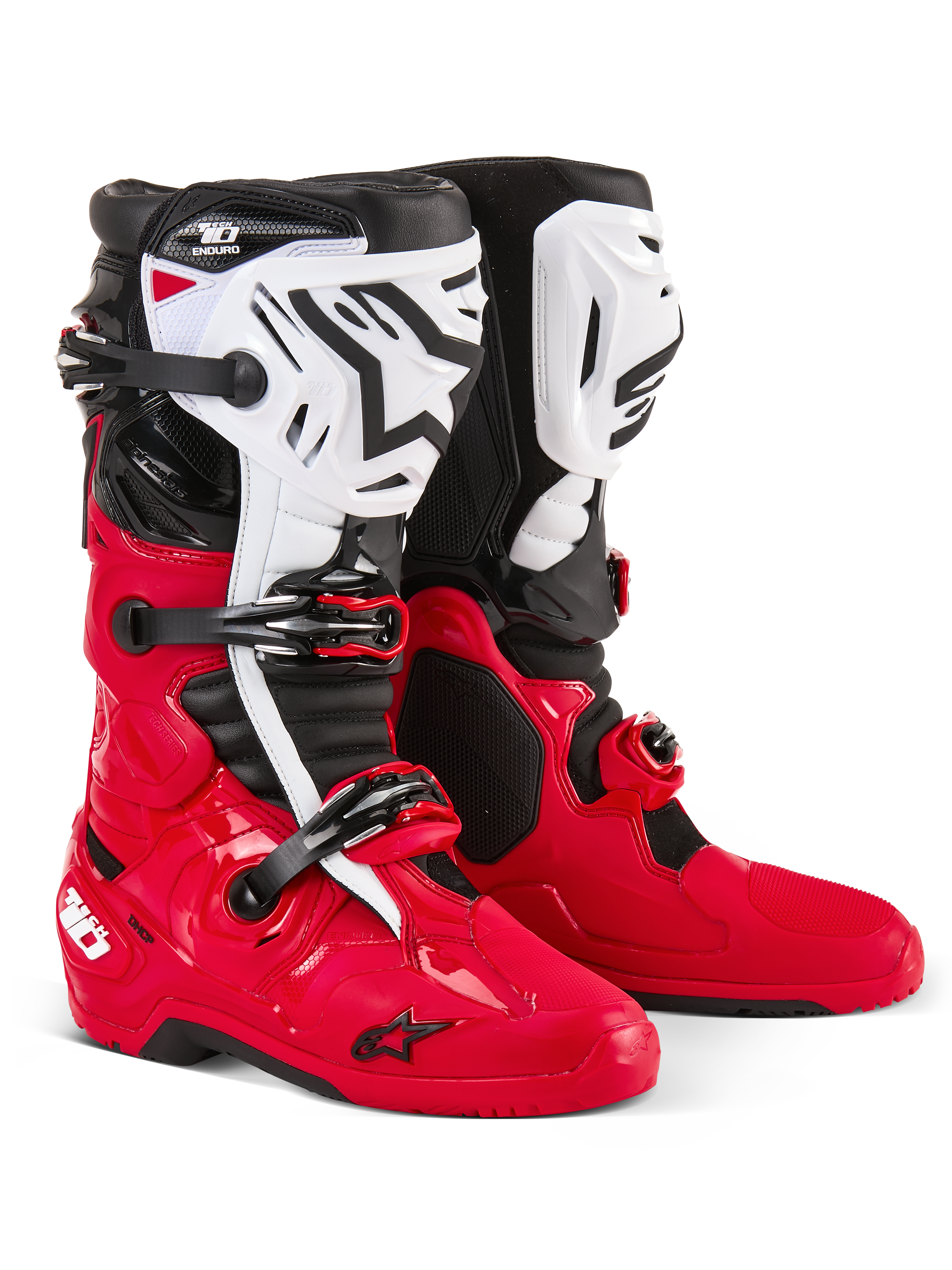 Botas Alpinestars Tech 10 Enduro, botas de motocross e enduro, vermelho, preto e branco, caneleiras brancas com logótipo Astars preto, fivelas e tiras pretas, design durável para competição todo-o-terreno