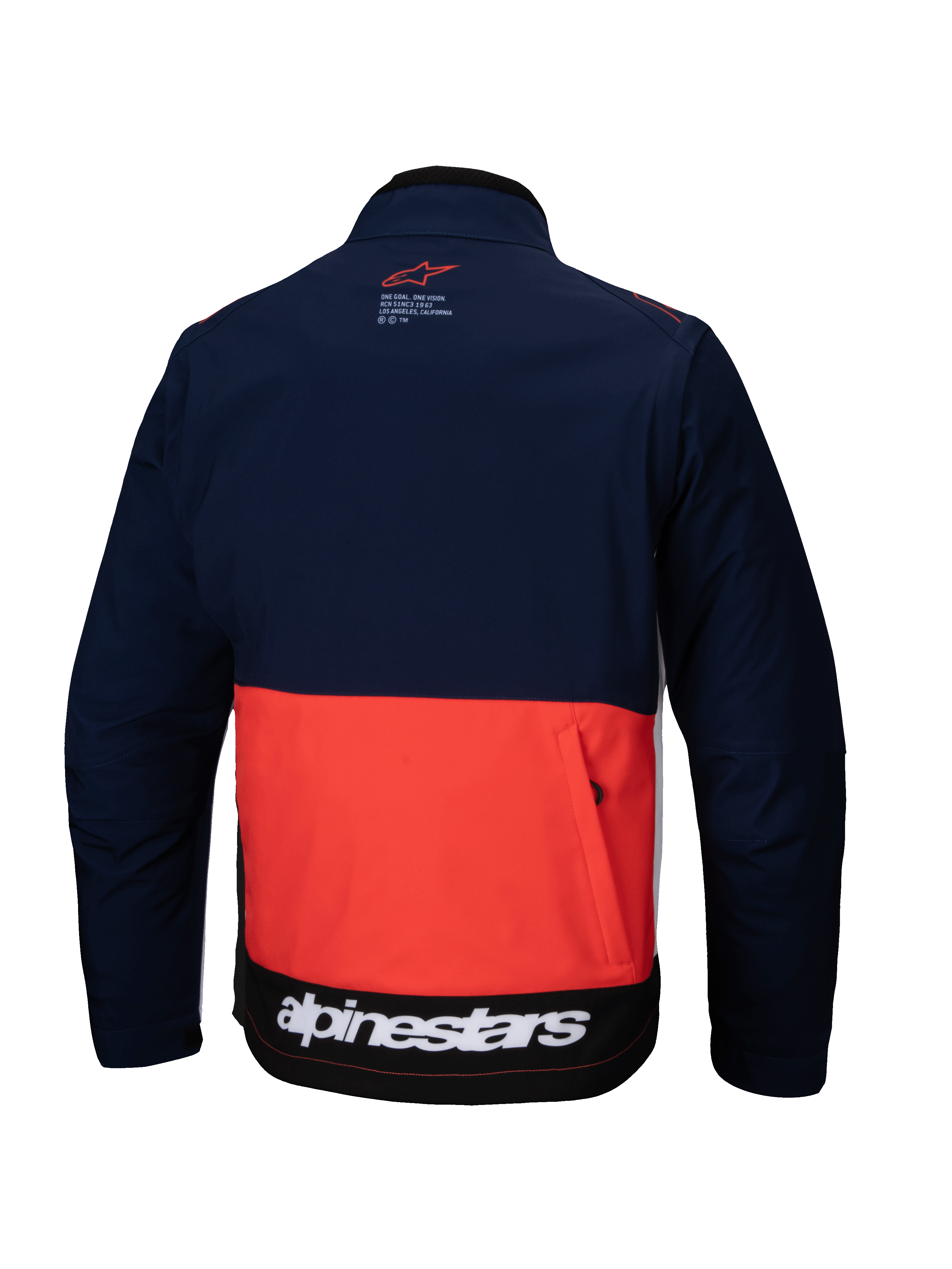 Alpinestars Lite-Dura Softshell Jacket in Navy, Hot Orange, and White, back view showcasing a color-blocked design, large zippered rear storage pocket, and white Alpinestars branding on the lower hem.