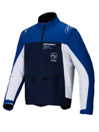 Alpinestars Lite-Dura Softshell Jacket, Off-road Motorcycle Jacket, Navy Bright Blue and White, full front zipper and zippered hand pockets, Alpinestars branding on the chest and shoulders, durable softshell material for enduro riding