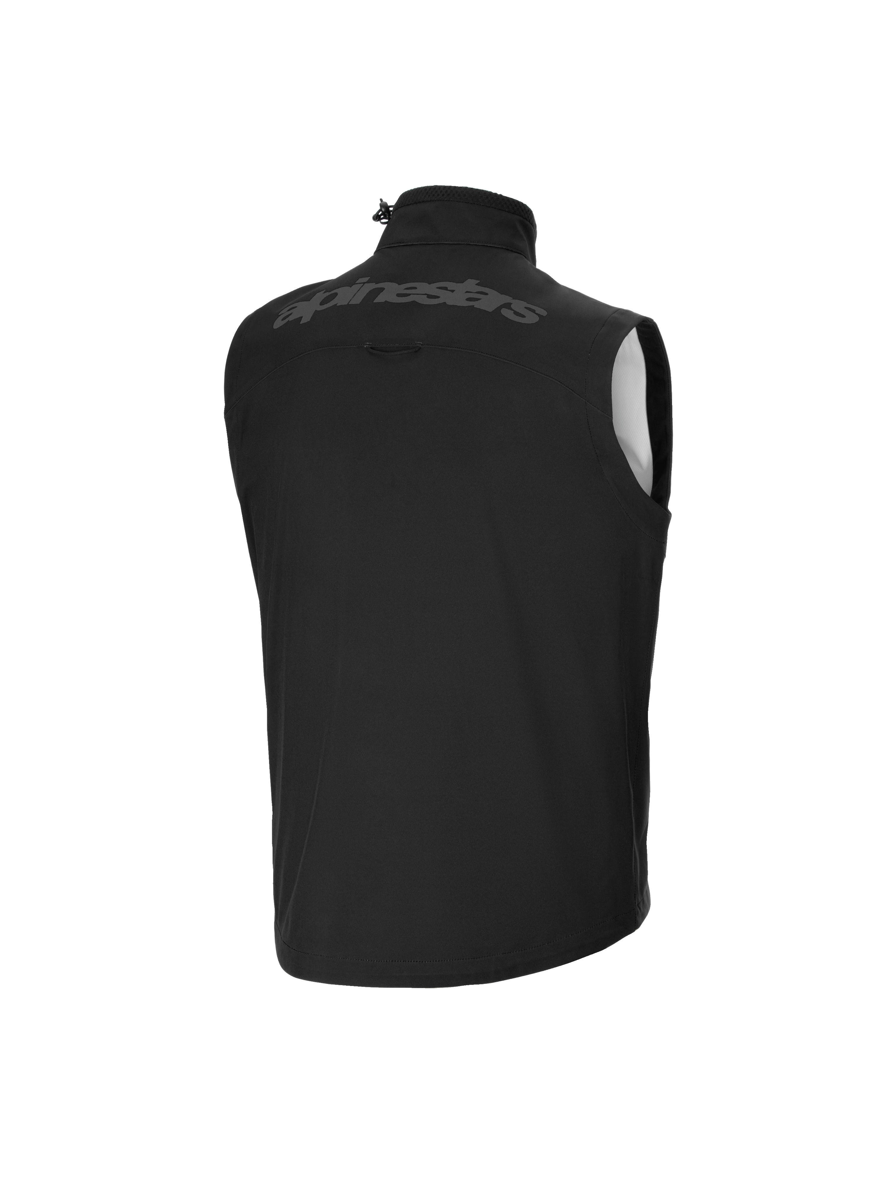 Alpinestars Youth Techstar Softshell Vest, Motocross Vest, Black, back view, featuring tonal Alpinestars wordmark on the upper back, high collar with shock cord adjuster, lightweight windproof softshell material.