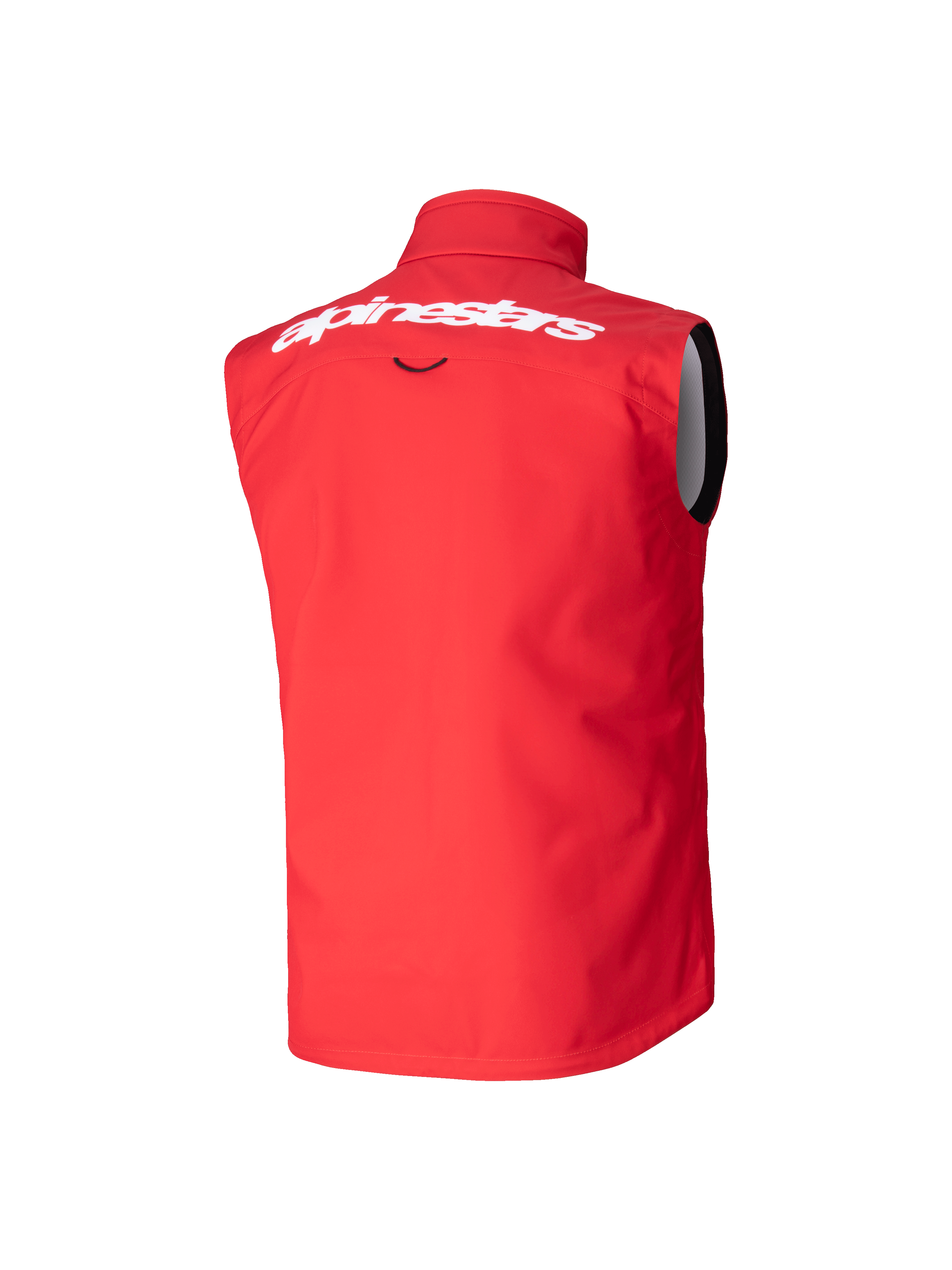 Colete Youth Techstar Softshell Alpinestars, colete de motocross, vermelho vivo, vista traseira apresentando logótipo Alpinestars branco na parte superior das costas, design softshell sem mangas com gola alta para proteção contra o vento.