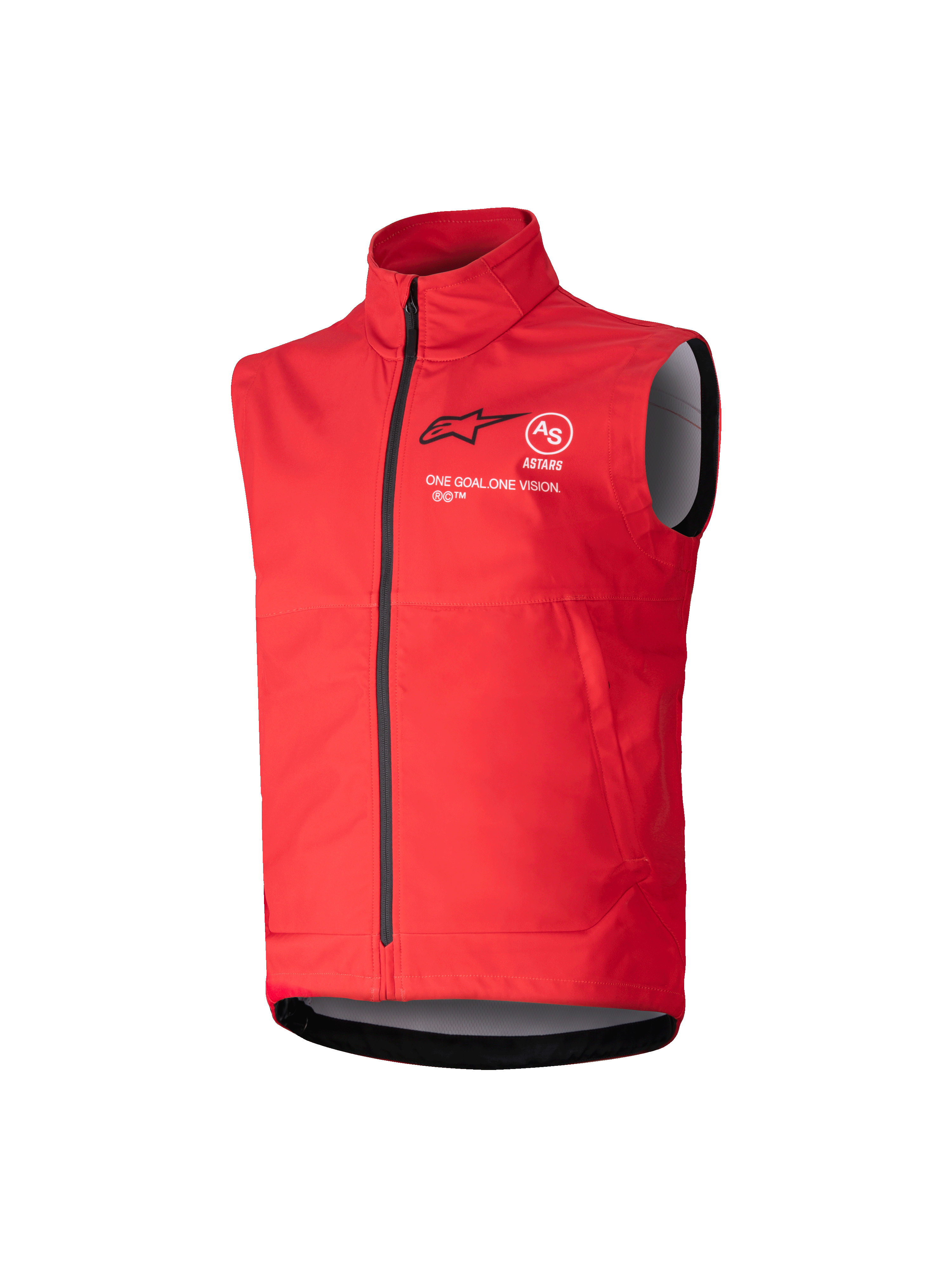 Alpinestars Youth Techstar Softshell Vest, vermelho vivo, colete de motocross à prova de vento, gola alta com fecho de correr preto integral, design sem mangas com forro interior cinzento, logótipo preto e texto de marca branco no peito