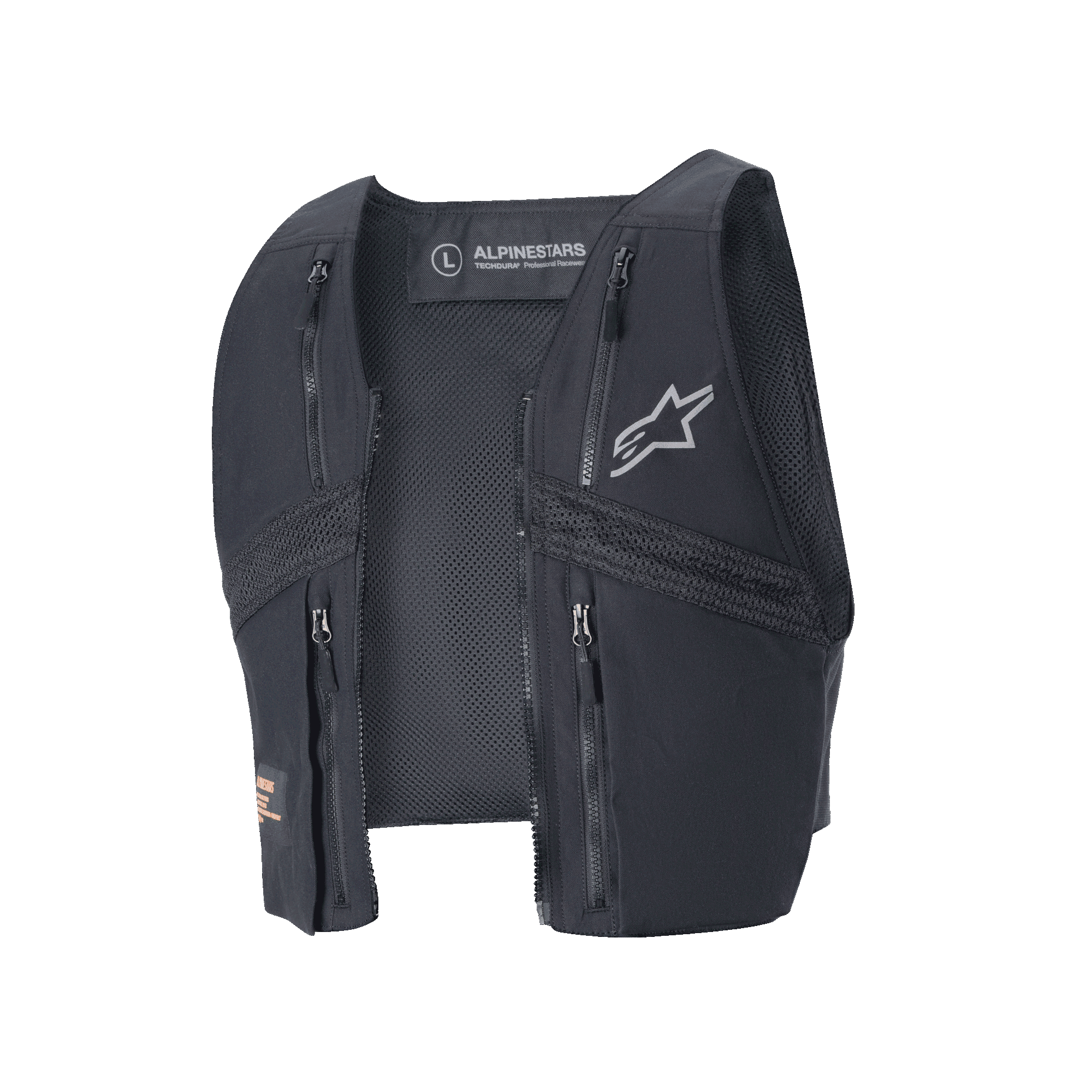 Colete Tático Alpinestars Techdura, preto, colete de enduro destacável para o Casaco Techdura, com quatro bolsos de peito com fecho, painéis de malha para ventilação e logótipo Alpinestars cinzento