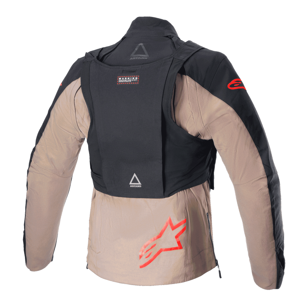 Casaco Alpinestars Techdura, Preto e Castanho Falcon, vista traseira com o pacote tático destacável, logótipos de estrela Alpinestars vermelhos, construção têxtil robusta para enduro e todo-o-terreno