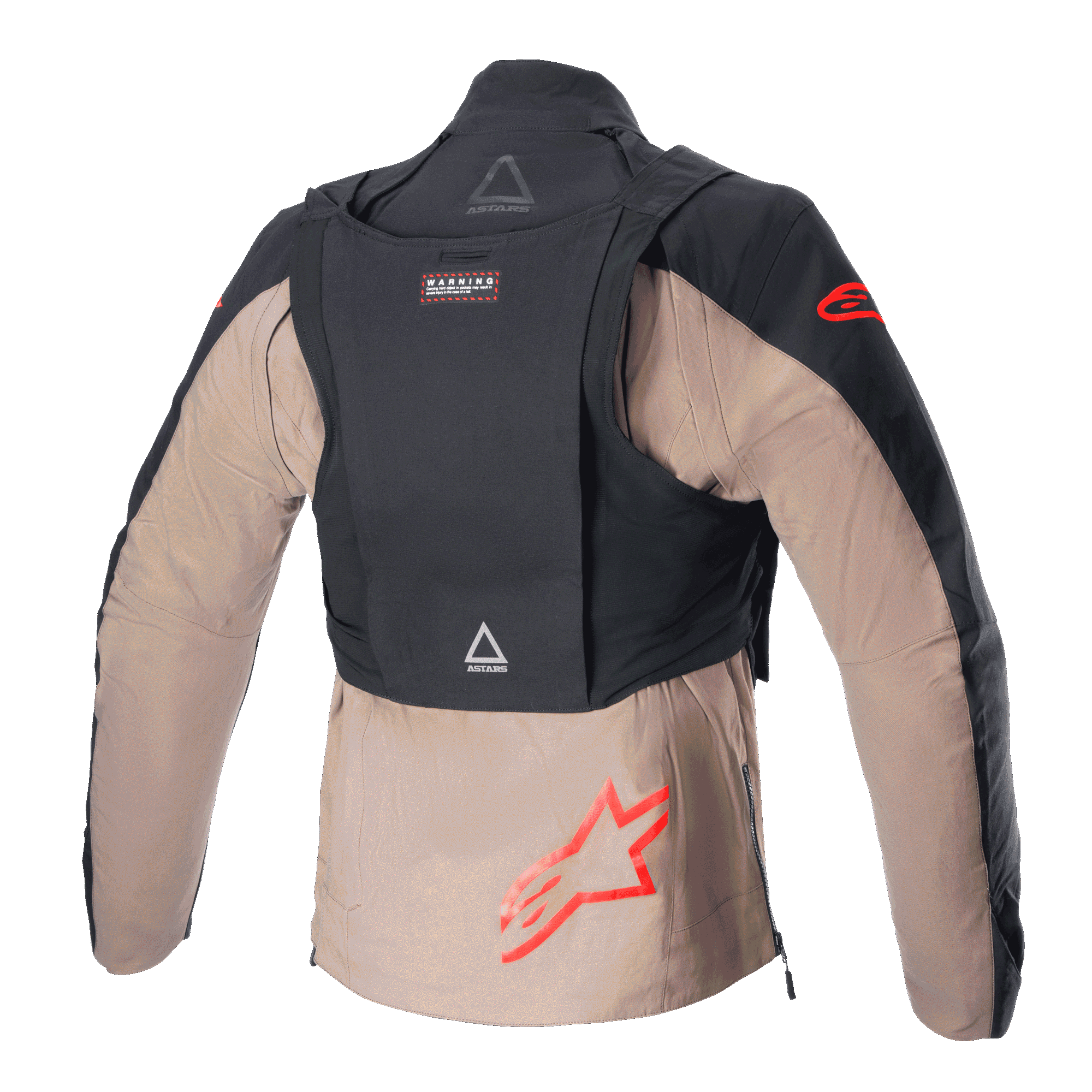 Casaco Alpinestars Techdura, Preto e Castanho Falcon, vista traseira com o pacote tático destacável, logótipos de estrela Alpinestars vermelhos, construção têxtil robusta para enduro e todo-o-terreno