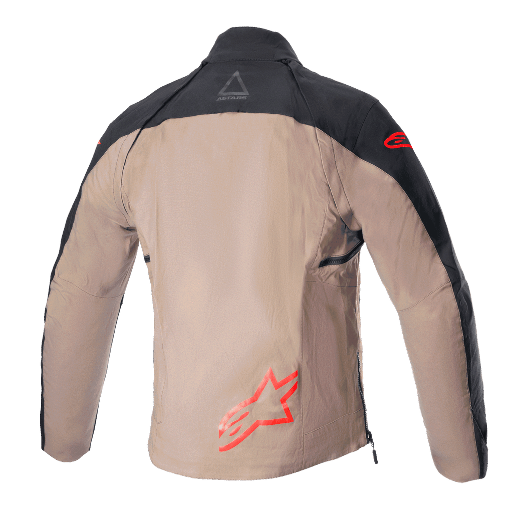 Casaco Alpinestars Techdura, casaco de enduro off-road, preto e castanho Falcon Brown, vista traseira sem colete tático, com logótipos Astars vermelhos e construção durável em lona de poliamida