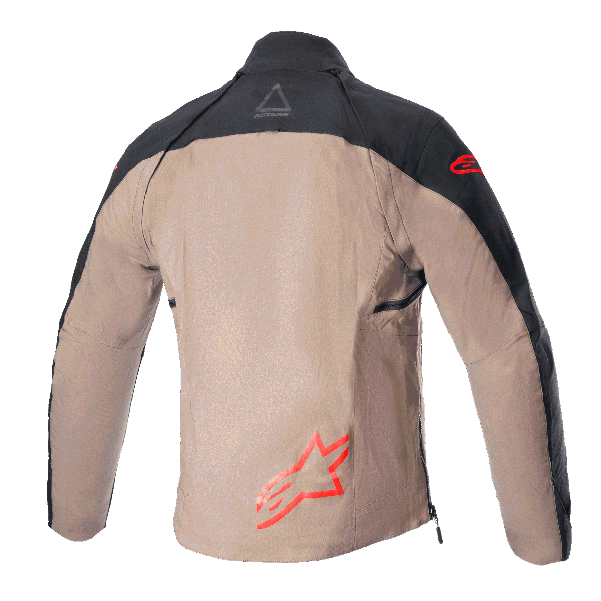 Casaco Alpinestars Techdura, casaco de enduro off-road, preto e castanho Falcon Brown, vista traseira sem colete tático, com logótipos Astars vermelhos e construção durável em lona de poliamida
