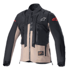 Casaco Alpinestars Techdura, casaco de enduro todo-o-terreno, preto e castanho Falcon, com design modular e colete tático integrado, vários bolsos utilitários, construção têxtil resistente e logótipos Alpinestars no peito e nas mangas