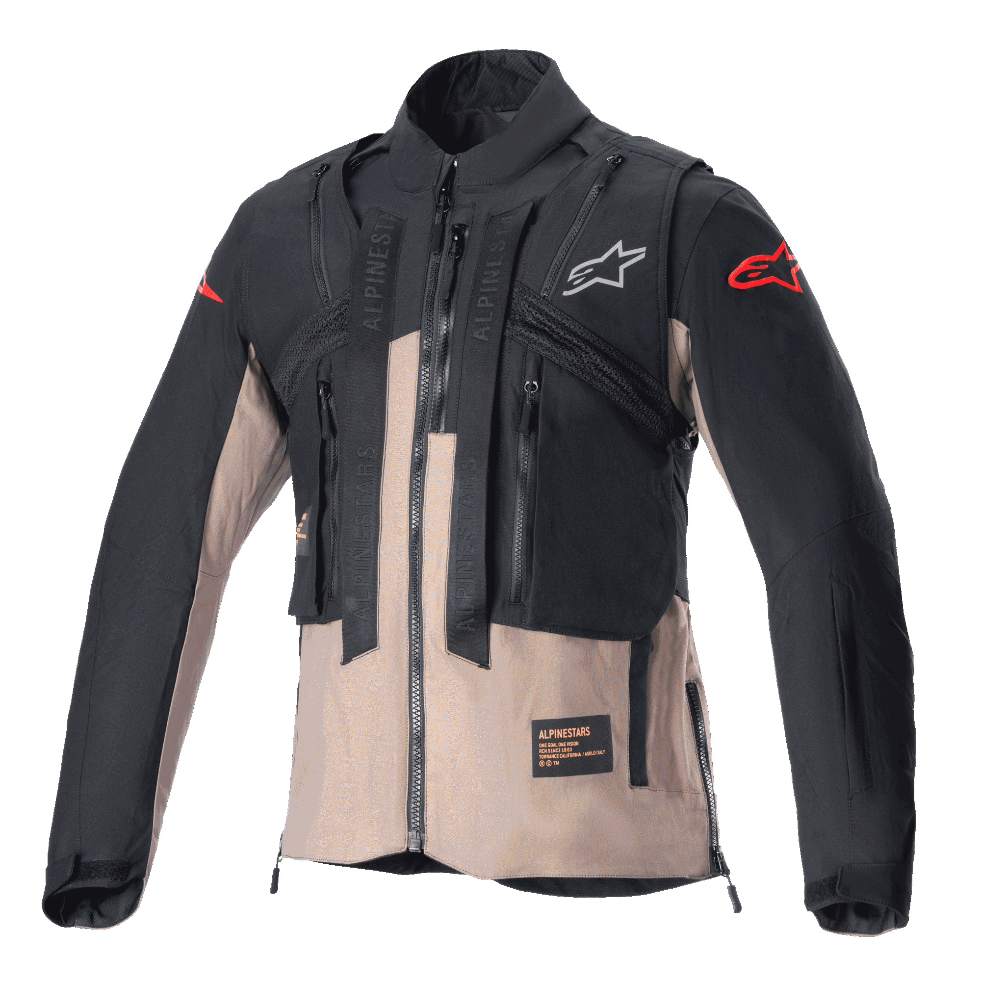 Casaco Alpinestars Techdura, casaco de enduro todo-o-terreno, preto e castanho Falcon, com design modular e colete tático integrado, vários bolsos utilitários, construção têxtil resistente e logótipos Alpinestars no peito e nas mangas