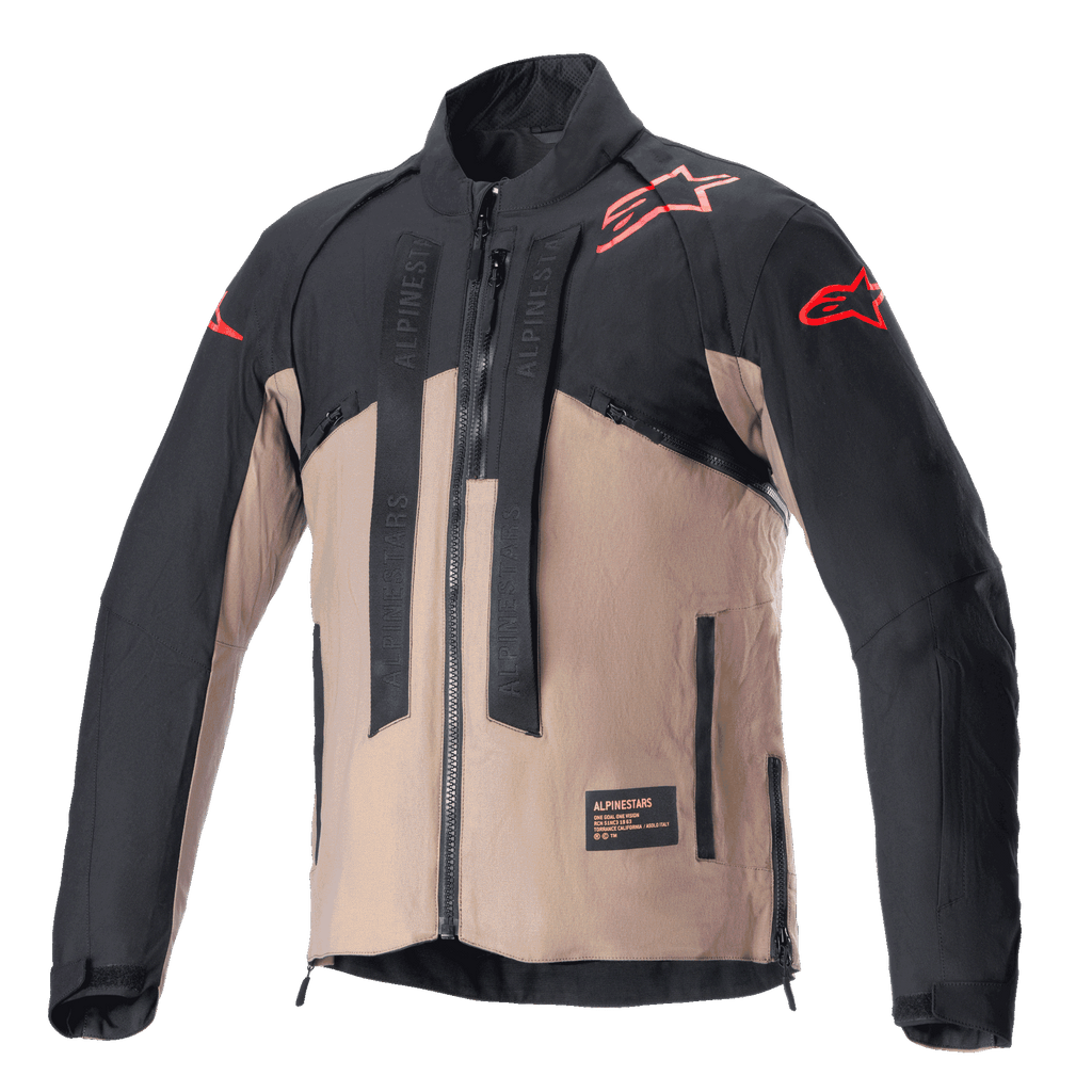 Casaco Alpinestars Techdura, casaco de motociclismo off-road, preto e castanho Falcon Brown, design bicolor com log3tipos de estrela vermelhos nos ombros e mangas, tiras verticais com a marca Alpinestars no peito, material t3xtil dur1vel
