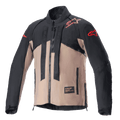 Casaco Alpinestars Techdura, casaco de motociclismo off-road, preto e castanho Falcon Brown, design bicolor com log3tipos de estrela vermelhos nos ombros e mangas, tiras verticais com a marca Alpinestars no peito, material t3xtil dur1vel