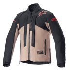 Casaco Alpinestars Techdura, casaco de motociclismo off-road, preto e castanho Falcon Brown, design bicolor com log3tipos de estrela vermelhos nos ombros e mangas, tiras verticais com a marca Alpinestars no peito, material t3xtil dur1vel
