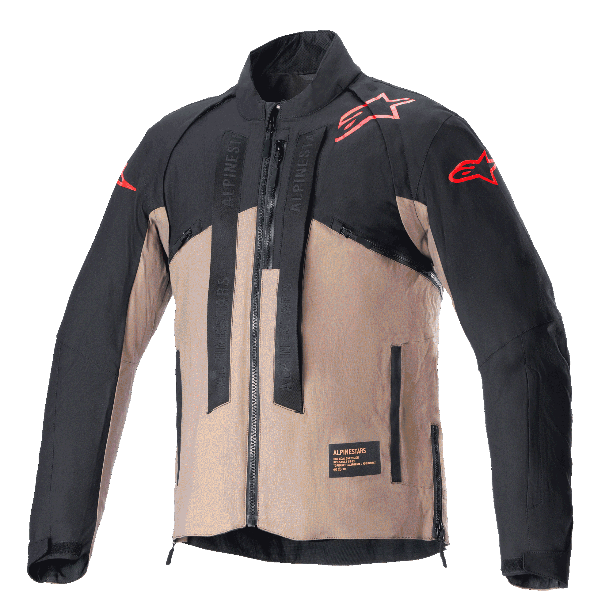 Casaco Alpinestars Techdura, casaco de motociclismo off-road, preto e castanho Falcon Brown, design bicolor com log3tipos de estrela vermelhos nos ombros e mangas, tiras verticais com a marca Alpinestars no peito, material t3xtil dur1vel