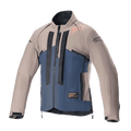 Alpinestars Techdura Jacket, Off-Road Motorcycle Jacket, Falcon Brown and Night Navy, front view, two-tone construction with vertical black Alpinestars branding, orange shoulder logo, high collar, and front zipper, technical apparel for enduro and adventure riding.