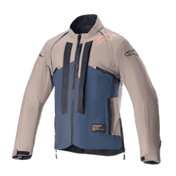 Casaco Alpinestars Techdura, casaco de motociclismo para todo-o-terreno, Falcon Brown e Night Navy, vista frontal, construção em dois tons com marca Alpinestars vertical em preto, logótipo cor-de-laranja no ombro, gola alta e fecho de correr frontal, vestuário técnico para enduro e condução de aventura