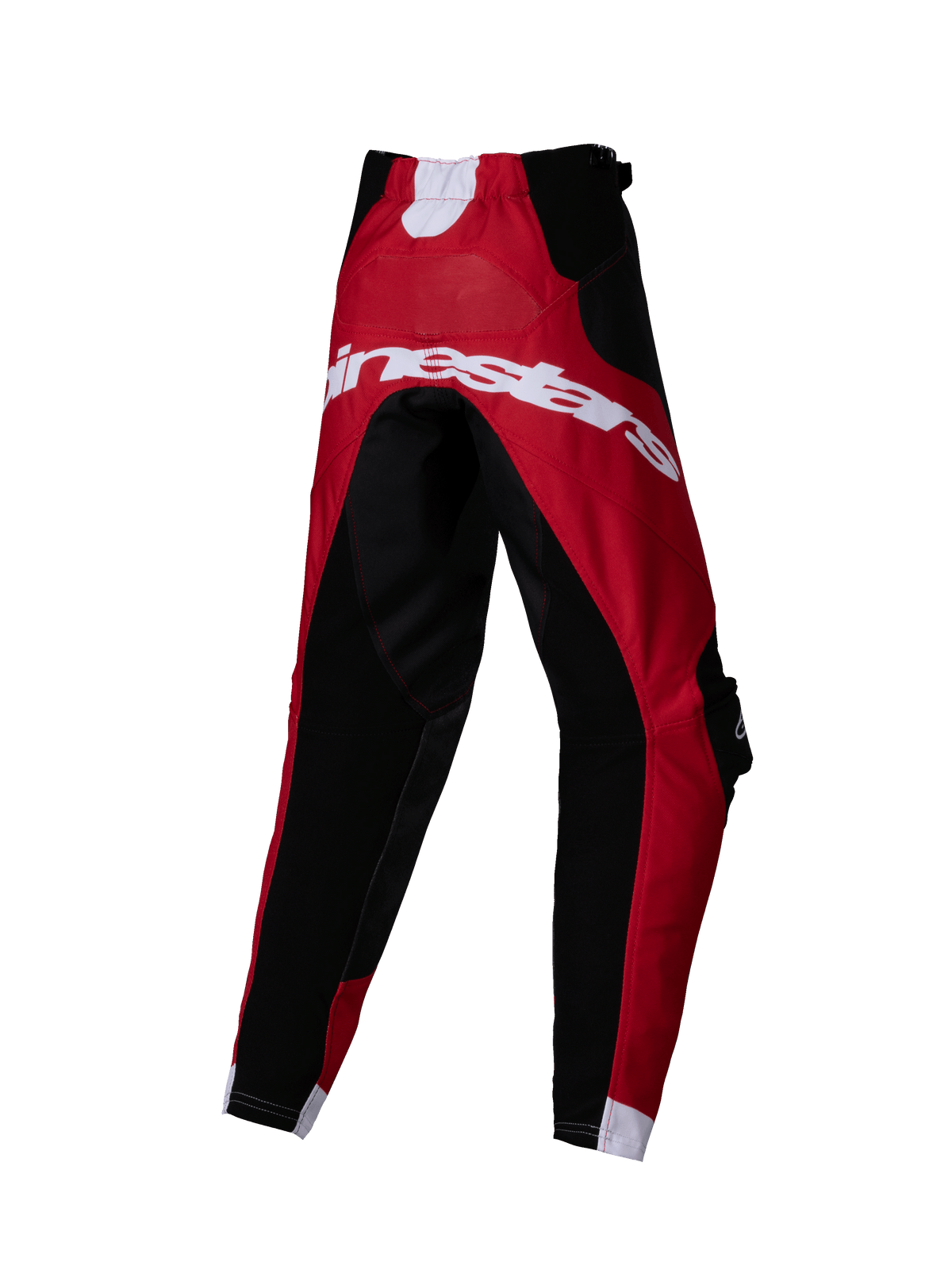 Alpinestars 2025 Kids Racer Veil Pants, calças de motocross, pretas e vermelho brilhante, vista traseira com logótipo Alpinestars grande em branco, design técnico de vários painéis para corridas off-road