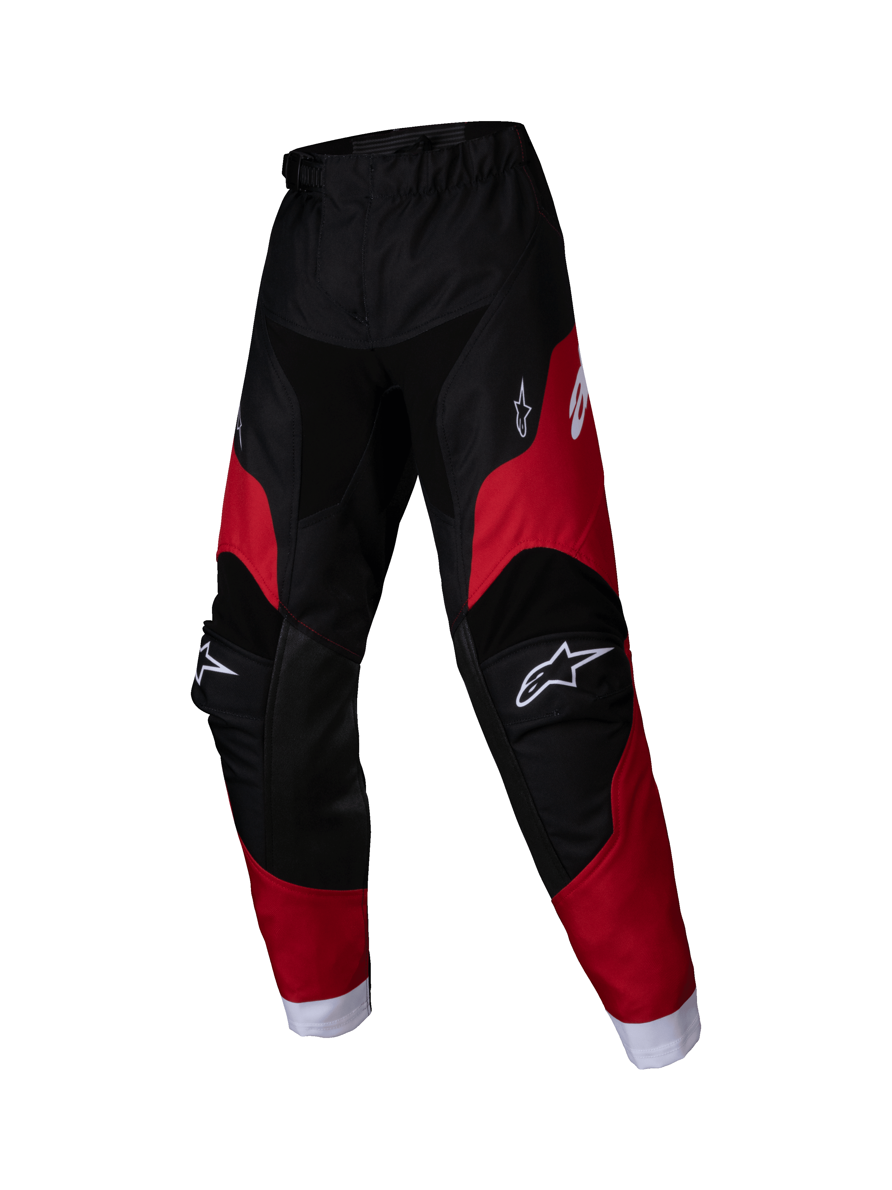 Alpinestars 2025 Kids Racer Veil Pants, calças de motocross para criança, pretas e vermelho vivo, logótipos brancos nas coxas e joelhos, punhos brancos nos tornozelos, design ergonómico pré-curvado, material durável para corridas todo-o-terreno
