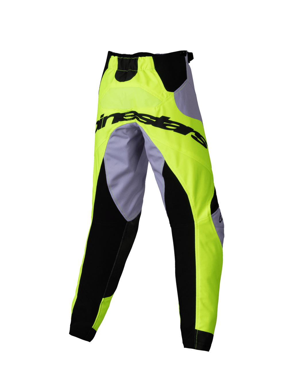 Alpinestars 2025 Kids Racer Veil Pants, calças de motocross, cinza e amarelo néon, com painéis elásticos pretos e logótipo Alpinestars na parte traseira, design ergonómico desportivo para corridas off-road para jovens