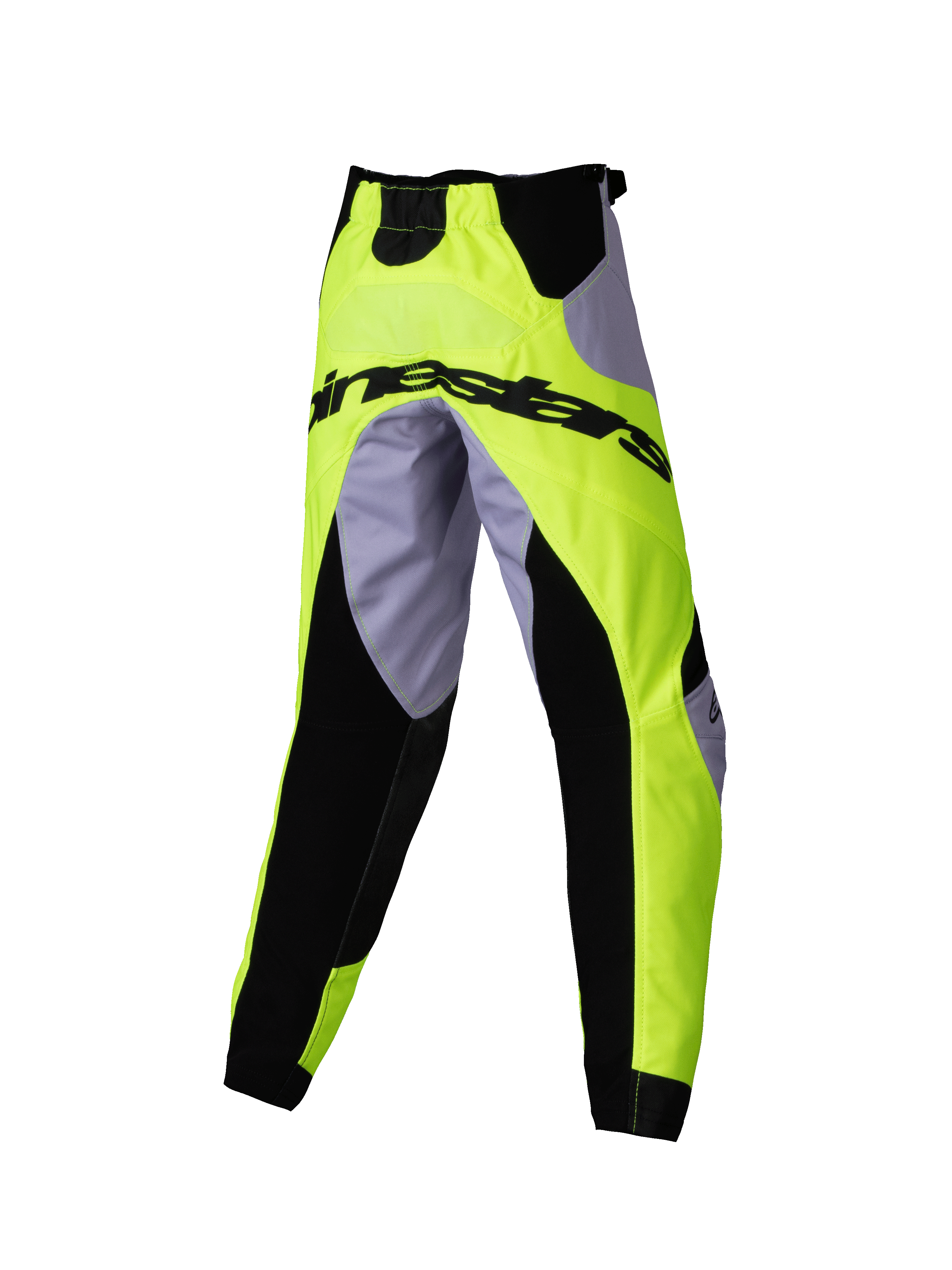 Alpinestars 2025 Kids Racer Veil Pants, calças de motocross, cinza e amarelo néon, com painéis elásticos pretos e logótipo Alpinestars na parte traseira, design ergonómico desportivo para corridas off-road para jovens