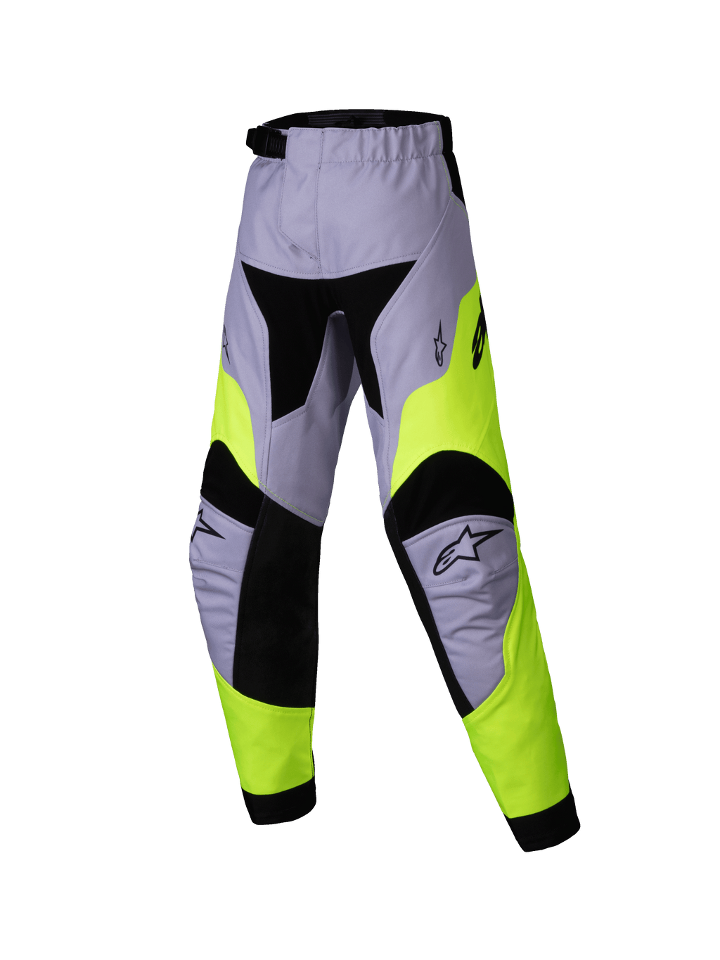 Alpinestars 2025 Kids Racer Veil Pants, calças de motocross para criança, cinzento e amarelo néon, design técnico multipainel com detalhes pretos, logótipos de estrela Alpinestars nos joelhos, tecido durável para corridas todo-o-terreno