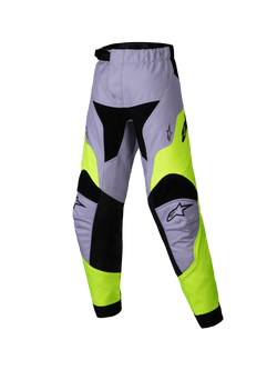 Alpinestars 2025 Kids Racer Veil Pants, calças de motocross para criança, cinzento e amarelo néon, design técnico multipainel com detalhes pretos, logótipos de estrela Alpinestars nos joelhos, tecido durável para corridas todo-o-terreno