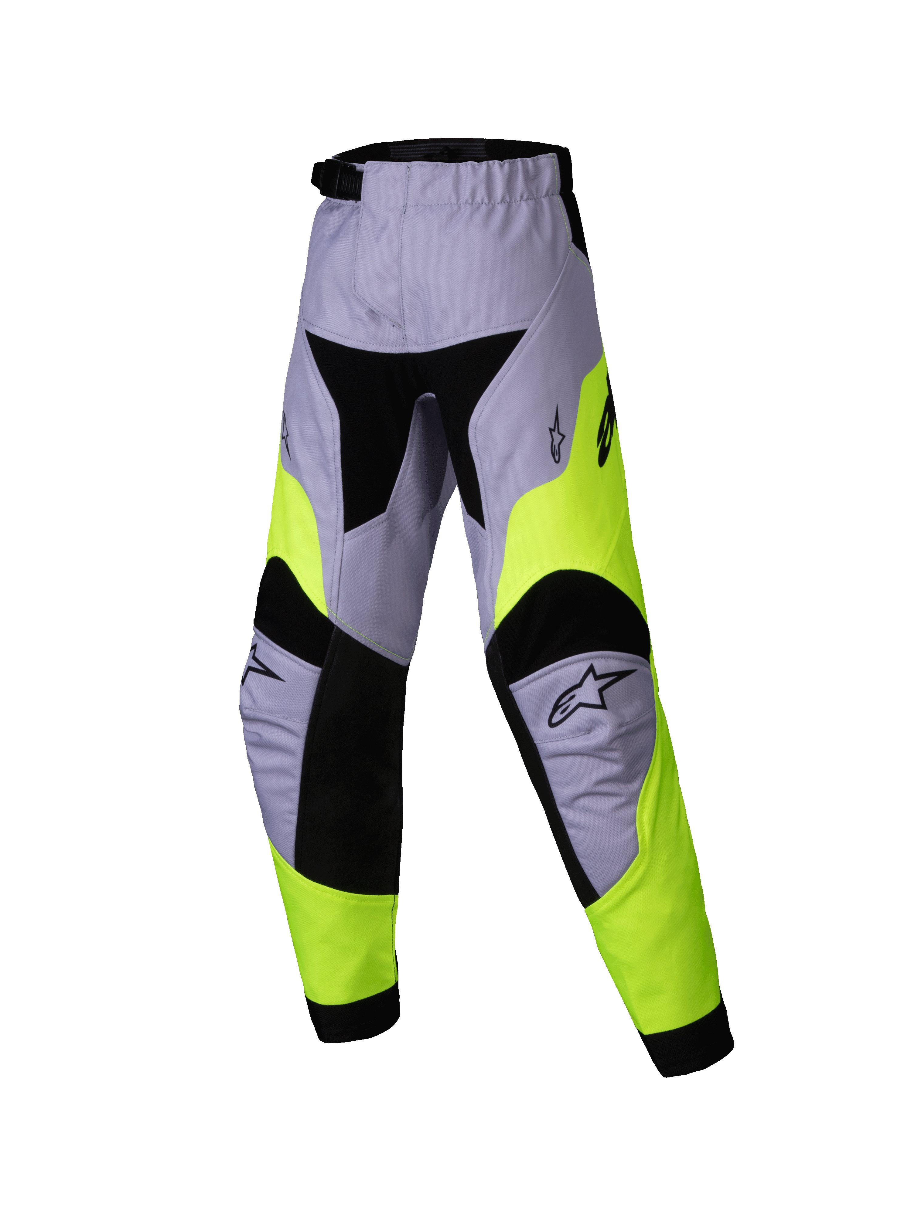 Alpinestars 2025 Kids Racer Veil Pants, calças de motocross para criança, cinzento e amarelo néon, design técnico multipainel com detalhes pretos, logótipos de estrela Alpinestars nos joelhos, tecido durável para corridas todo-o-terreno