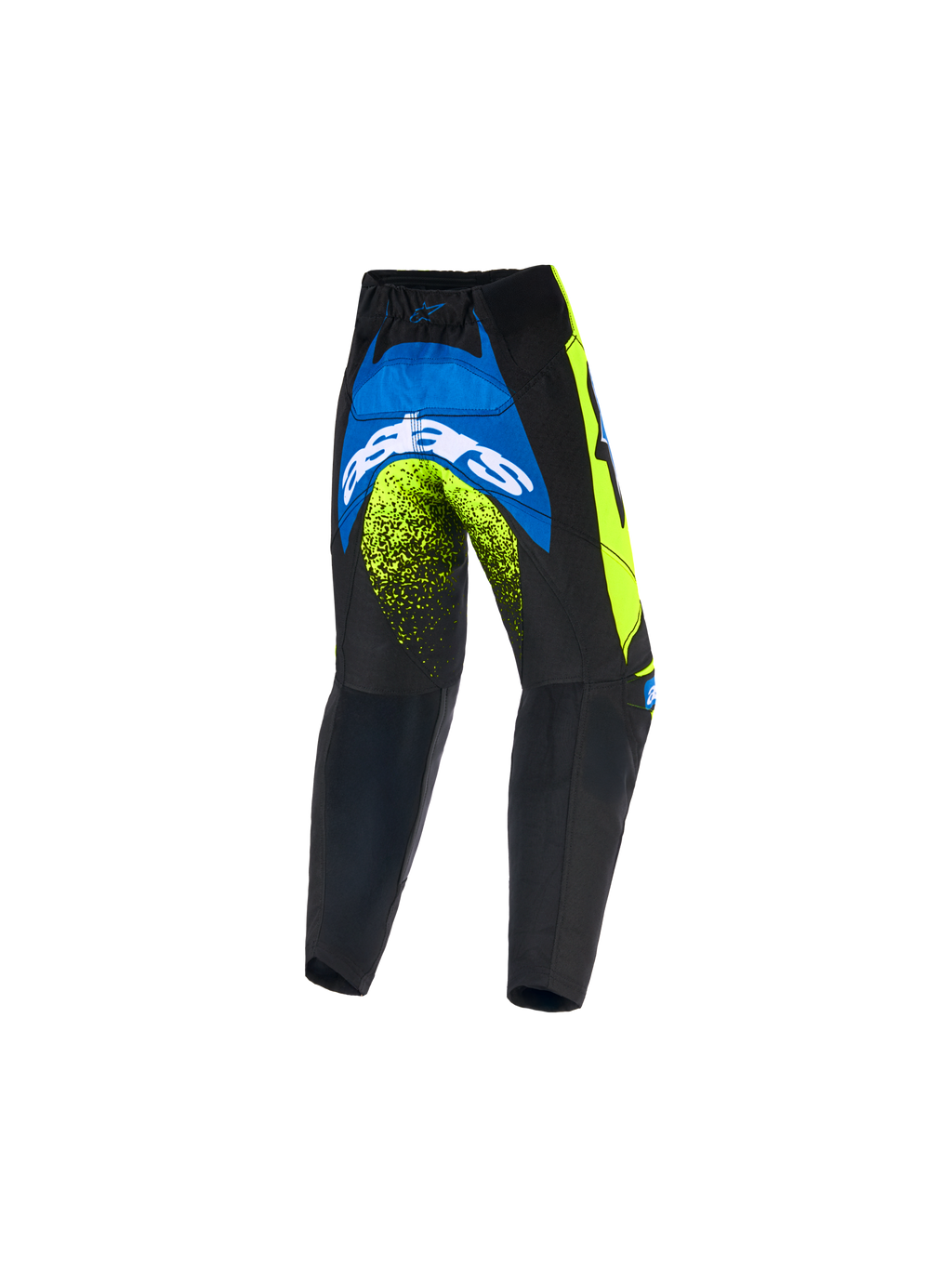 Calças Alpinestars Kids Racer Nomur 2026, calças de motocross para jovens, azul marinho, amarelo néon e azul UCLA, vista traseira com logótipo Astars branco em destaque e pormenores néon, design de equipamento durável para todo-o-terreno
