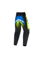 Calças Alpinestars Kids Racer Nomur 2026, calças de motocross para jovens, azul marinho, amarelo néon e azul UCLA, vista traseira com logótipo Astars branco em destaque e pormenores néon, design de equipamento durável para todo-o-terreno