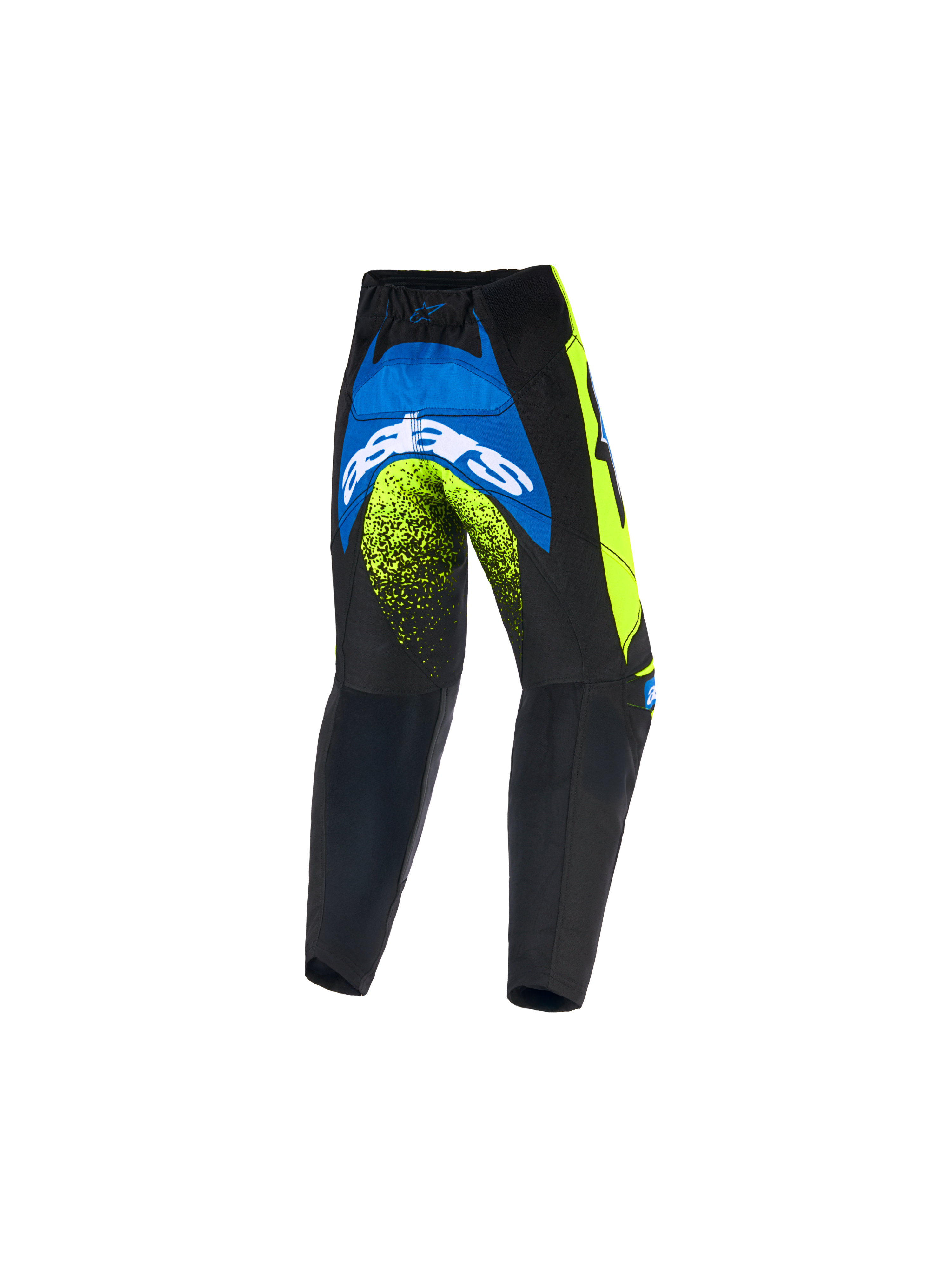 Calças Alpinestars Kids Racer Nomur 2026, calças de motocross para jovens, azul marinho, amarelo néon e azul UCLA, vista traseira com logótipo Astars branco em destaque e pormenores néon, design de equipamento durável para todo-o-terreno