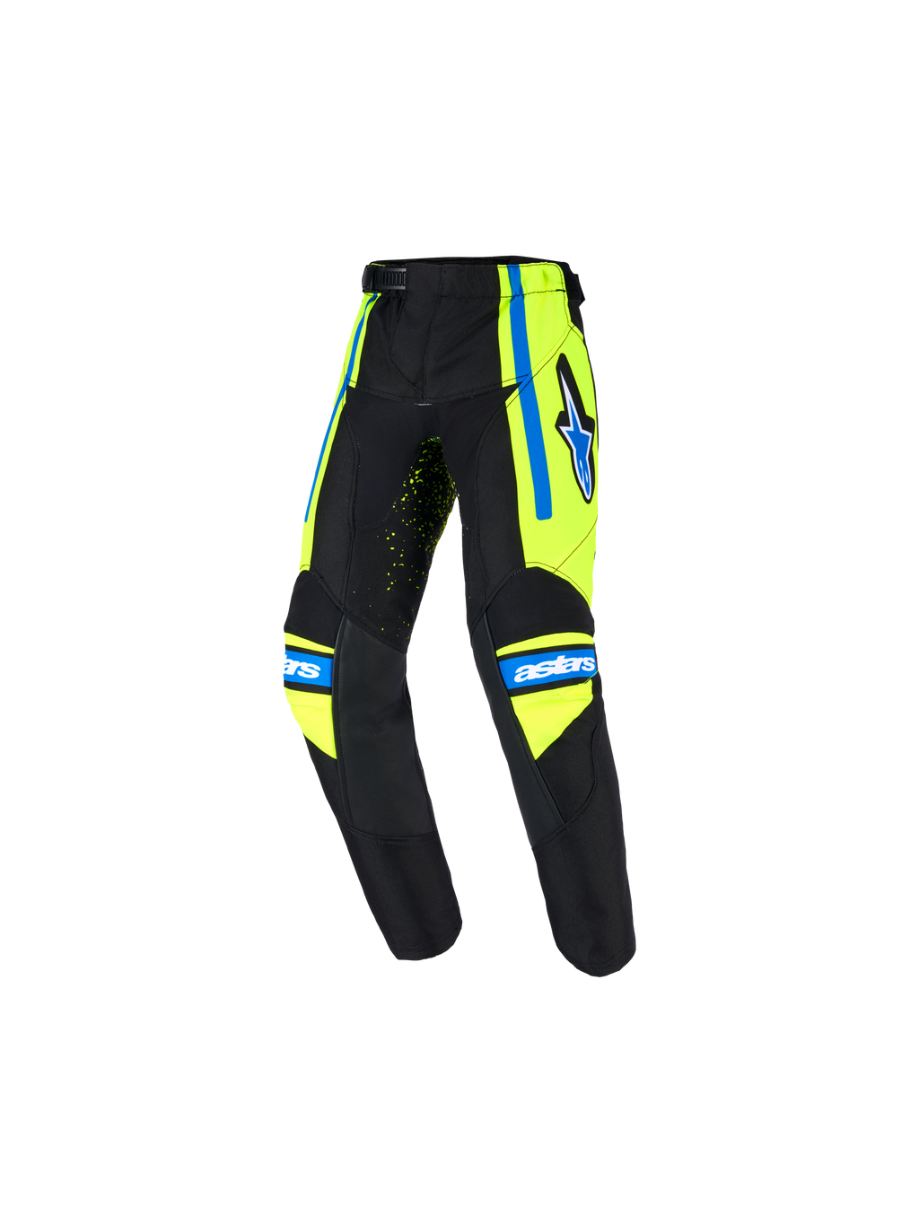 Alpinestars 2026 Kids Racer Nomur, calças de motocross para criança, azul marinho escuro com pormenores em amarelo néon e azul UCLA, logótipo de estrela na coxa, marca 'astars' nos joelhos e design ergonómico pré-curvado para competições de motocross