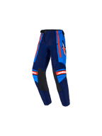 Alpinestars 2026 Kids Racer Nomur Pants, Youth Motocross Pants, Dark Navy and UCLA Blue with Orange accents, featuring black leather inner knee panels, orange side stripes, white Astars logo, and pre-curved design for off-road racing