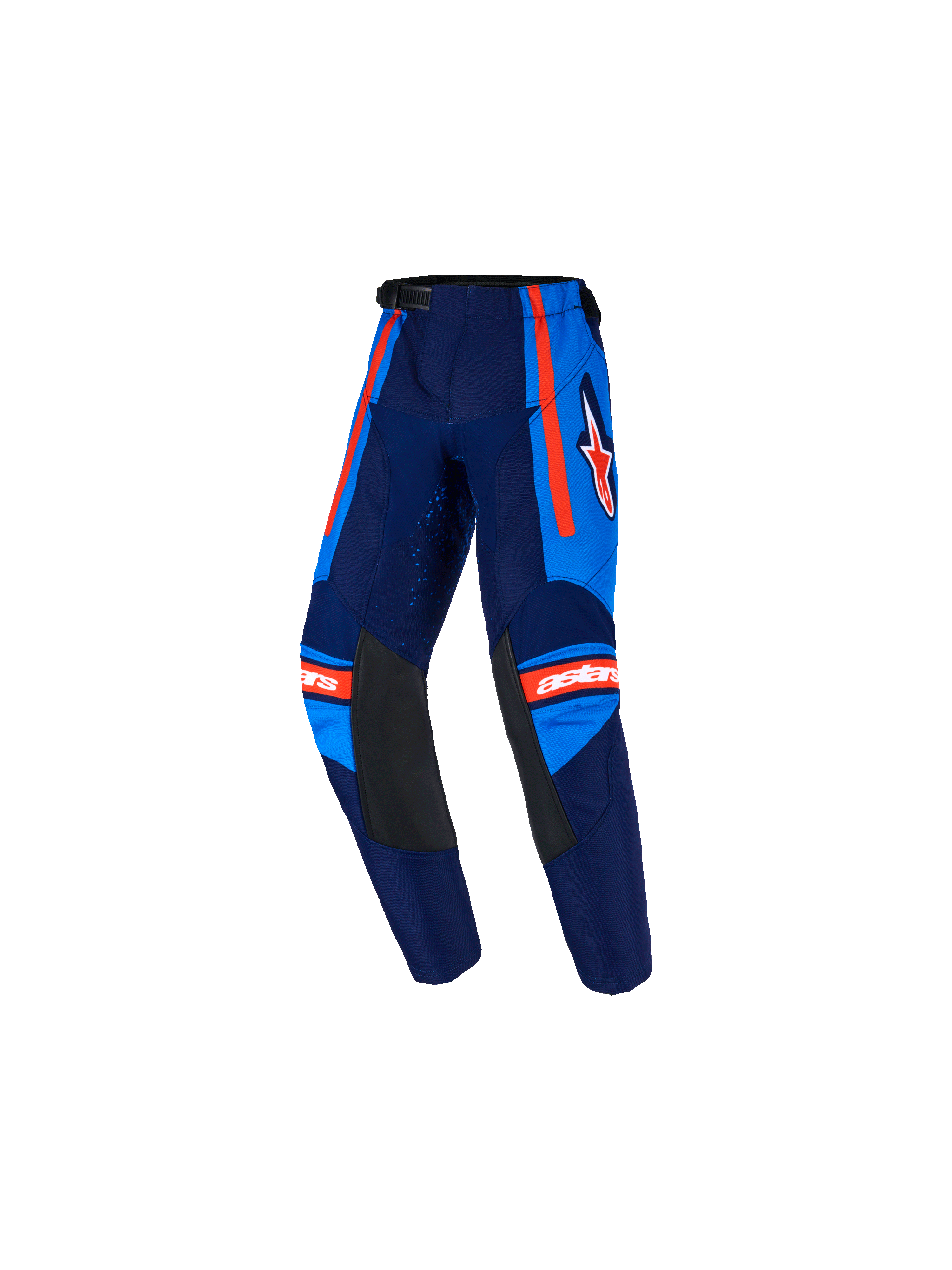 Alpinestars 2026 Kids Racer Nomur Pants, Youth Motocross Pants, Dark Navy and UCLA Blue with Orange accents, featuring black leather inner knee panels, orange side stripes, white Astars logo, and pre-curved design for off-road racing
