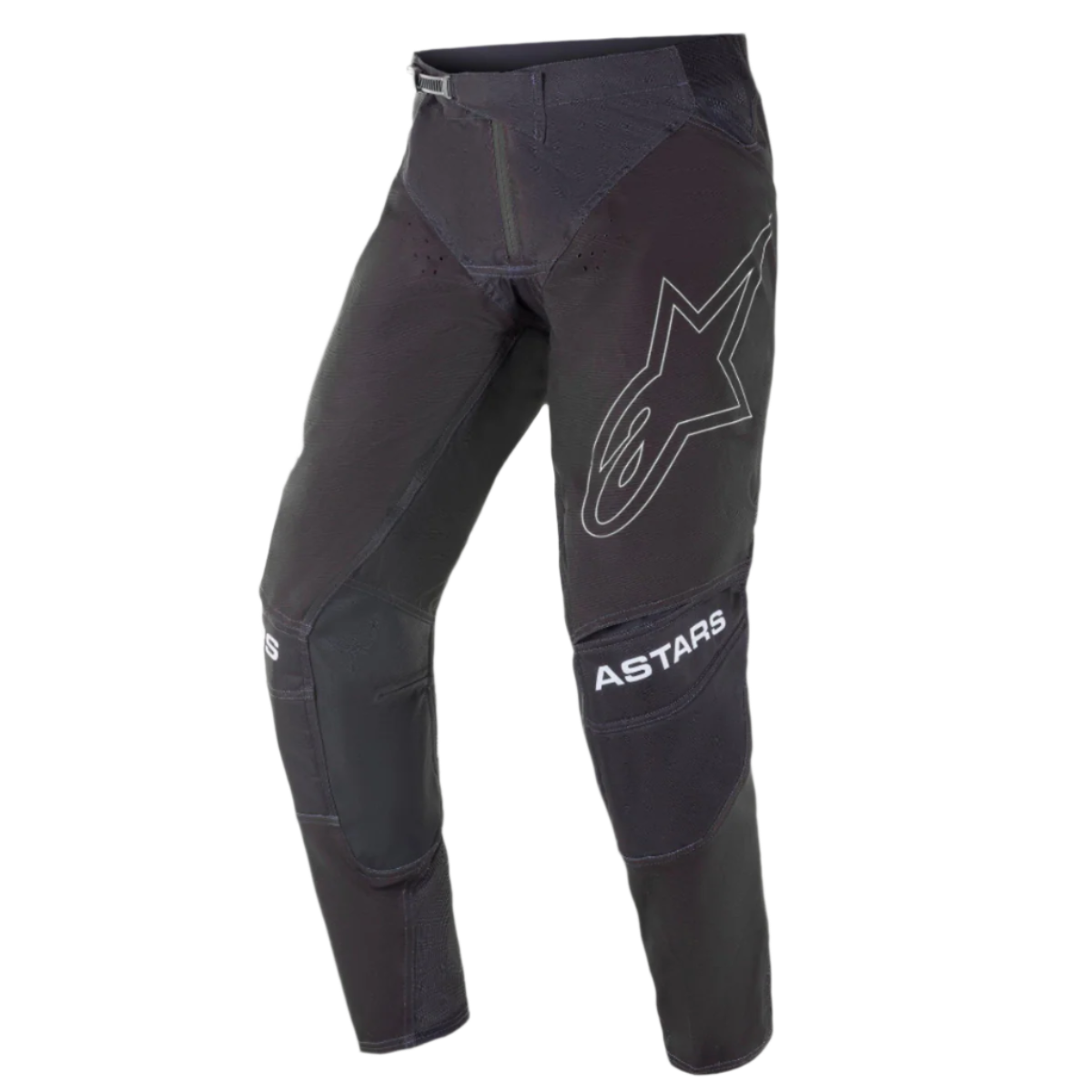 Alpinestars 2021 Techstar Phantom Pants, calças de motocross, pretas com detalhes brancos, logótipo de estrela delineado na coxa, marca ASTARS nos joelhos, tecido rip-stop técnico com zonas perfuradas e construção de joelho 3D Babel para performance todo-o-terreno