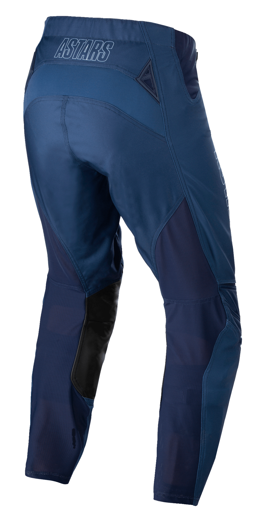 Alpinestars Techstar Phantom Pants, calças de motocross, azul escuro, vista traseira com painéis de rede respirável e patches de couro preto na parte interna da perna, com logótipo ASTARS no cós, concebidas para performance em todo-o-terreno