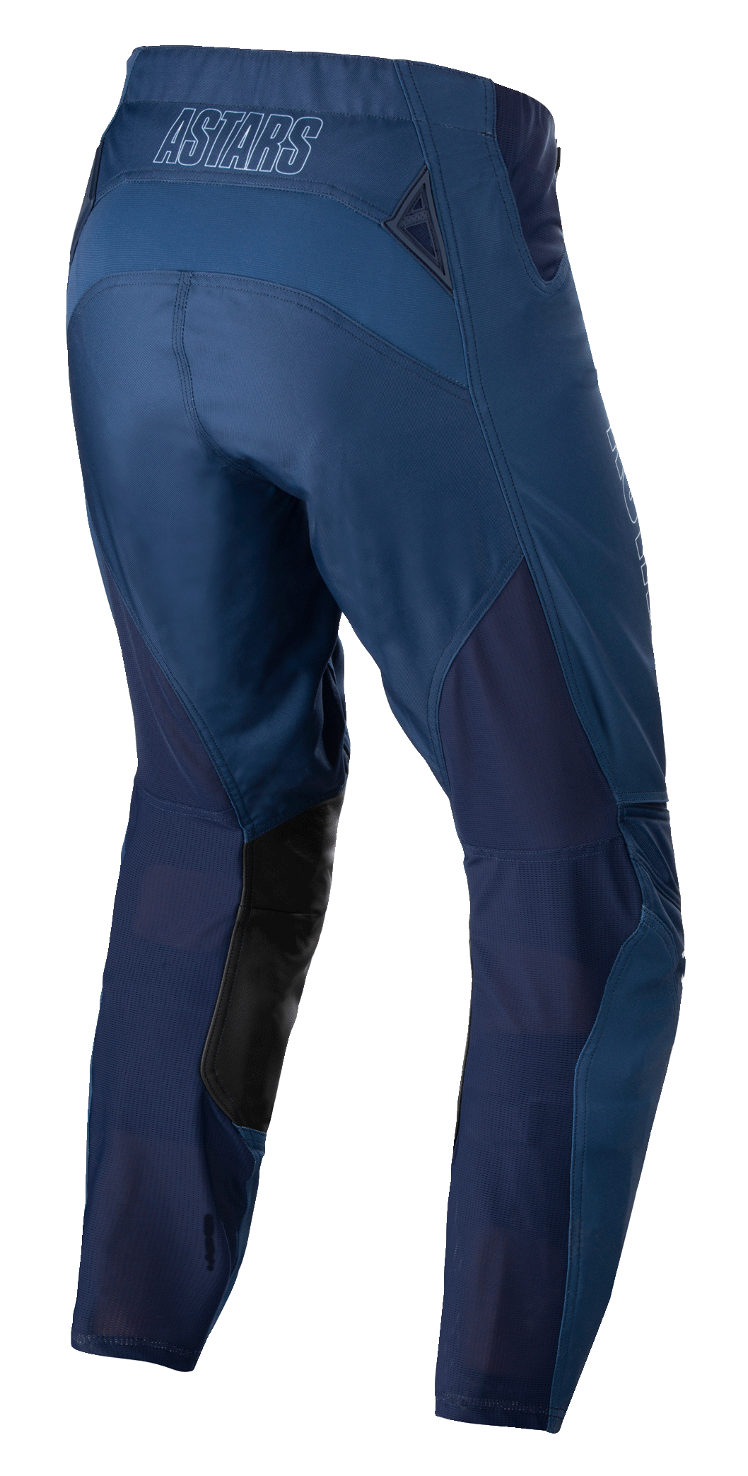 Alpinestars Techstar Phantom Pants, calças de motocross, azul escuro, vista traseira com painéis de rede respirável e patches de couro preto na parte interna da perna, com logótipo ASTARS no cós, concebidas para performance em todo-o-terreno