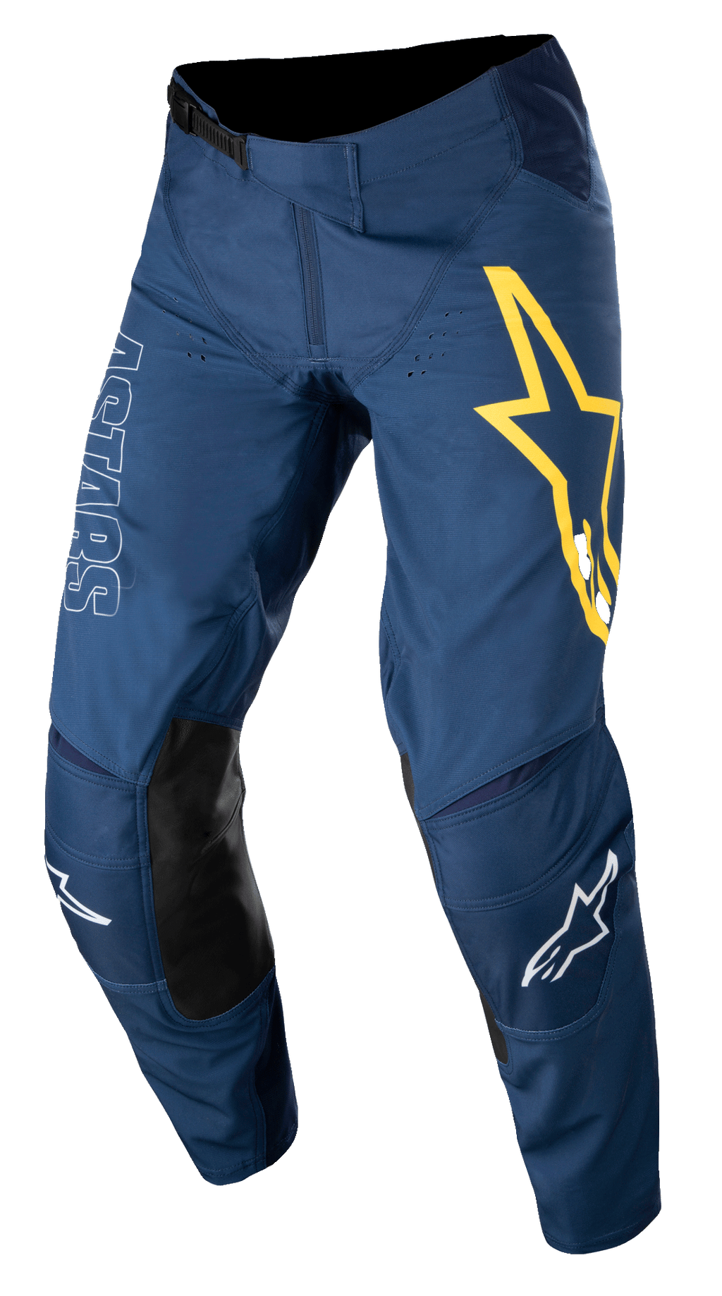 Alpinestars Techstar Phantom Pants, calças de motocross, azul escuro com detalhes em amarelo e branco, painéis de joelho em pele preta, logótipo de estrela amarela grande na coxa, marca ASTARS em branco, tecido rip-stop elástico durável para corridas todo-o-terreno